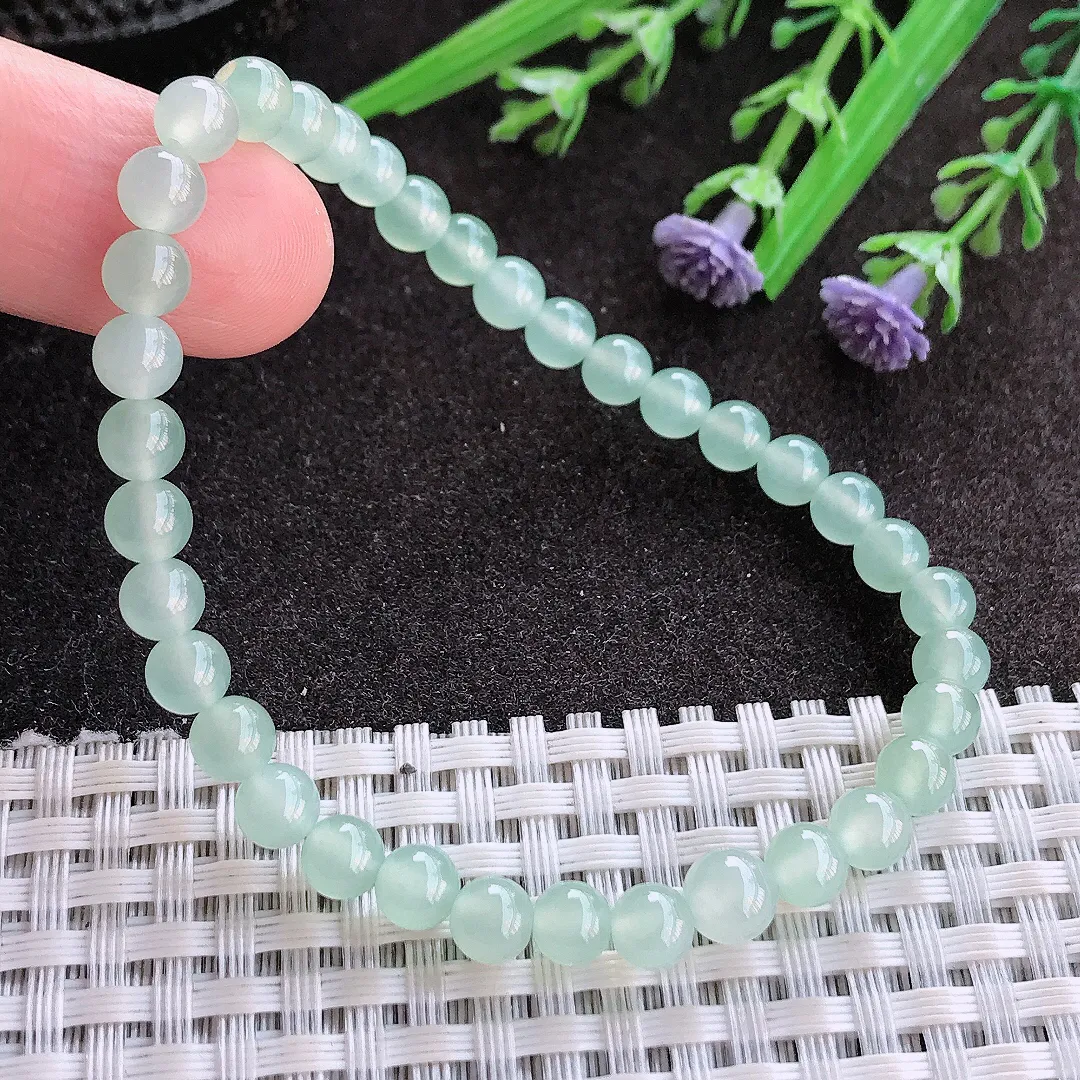 实拍A货翡翠5.5/36颗老坑冰种起胶冰晴绿圆珠手链吊坠翡翠玉珠手串女