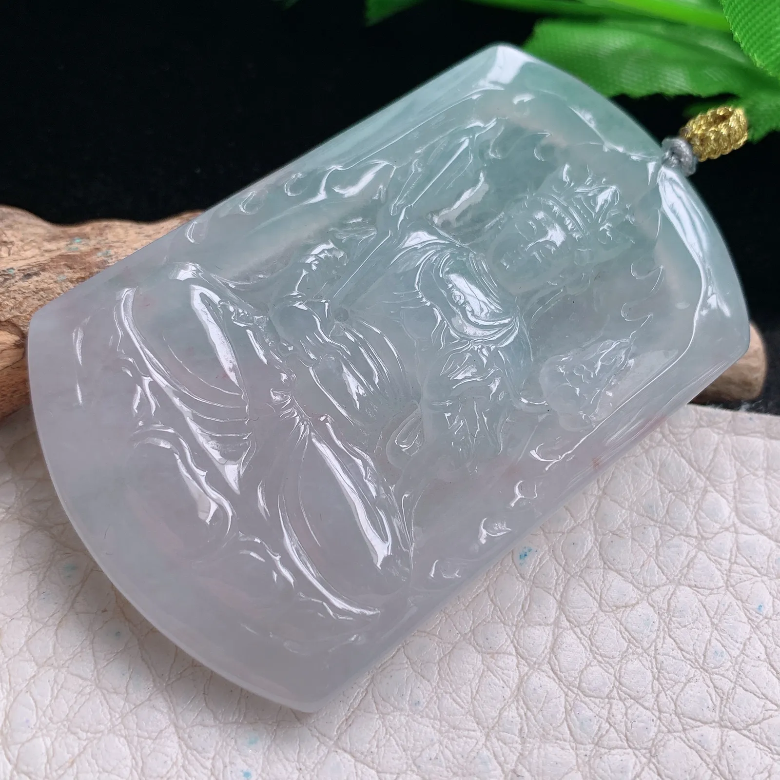 rp实拍55.6*36.5*6缅甸翡翠精雕冰晴底普贤菩萨 生肖守护神玉吊坠 玉挂坠