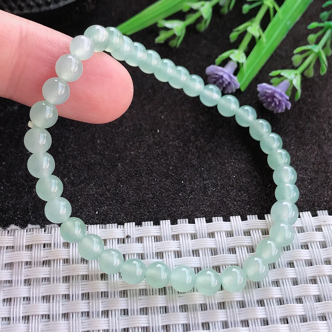 实拍A货翡翠5.5/36颗老坑冰种起胶冰晴绿圆珠手链吊坠翡翠玉珠手串女