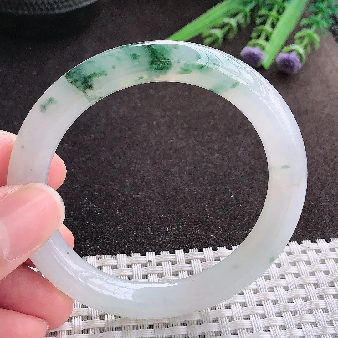 实拍A货翡翠53.5/9/9.3老坑冰胶果冻冰飘花圆条手镯翡翠玉镯子平安镯