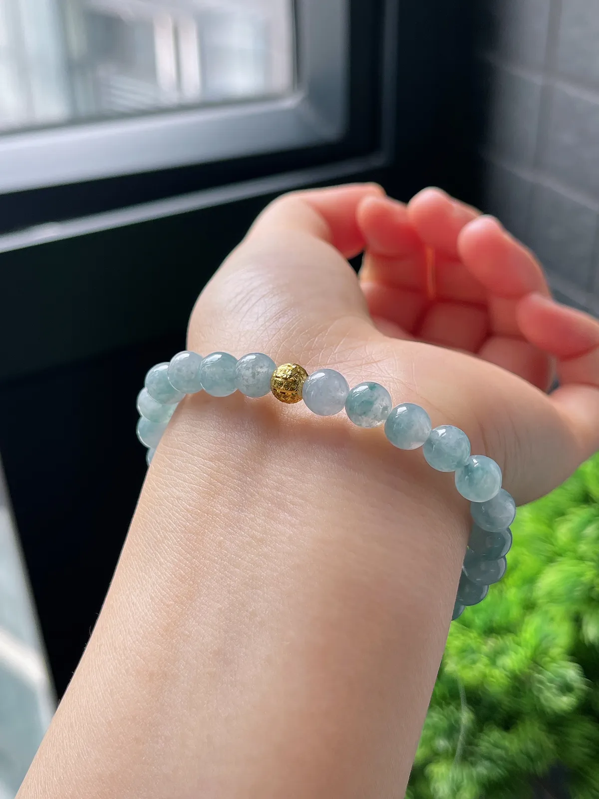 【星河系列】足金核桃珠配冰蓝翡翠珠串7mm