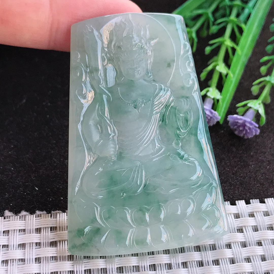 实拍A货翡翠61.5/42.3/5.5老坑冰胶果冻冰飘花不动明王吊坠翡翠玉牌挂件