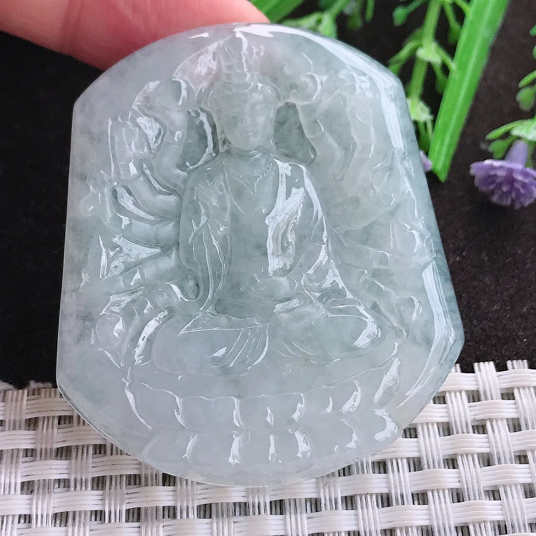 实拍A货翡翠55/48/5.3老坑冰胶水灵千手观音吊坠翡翠玉牌挂件