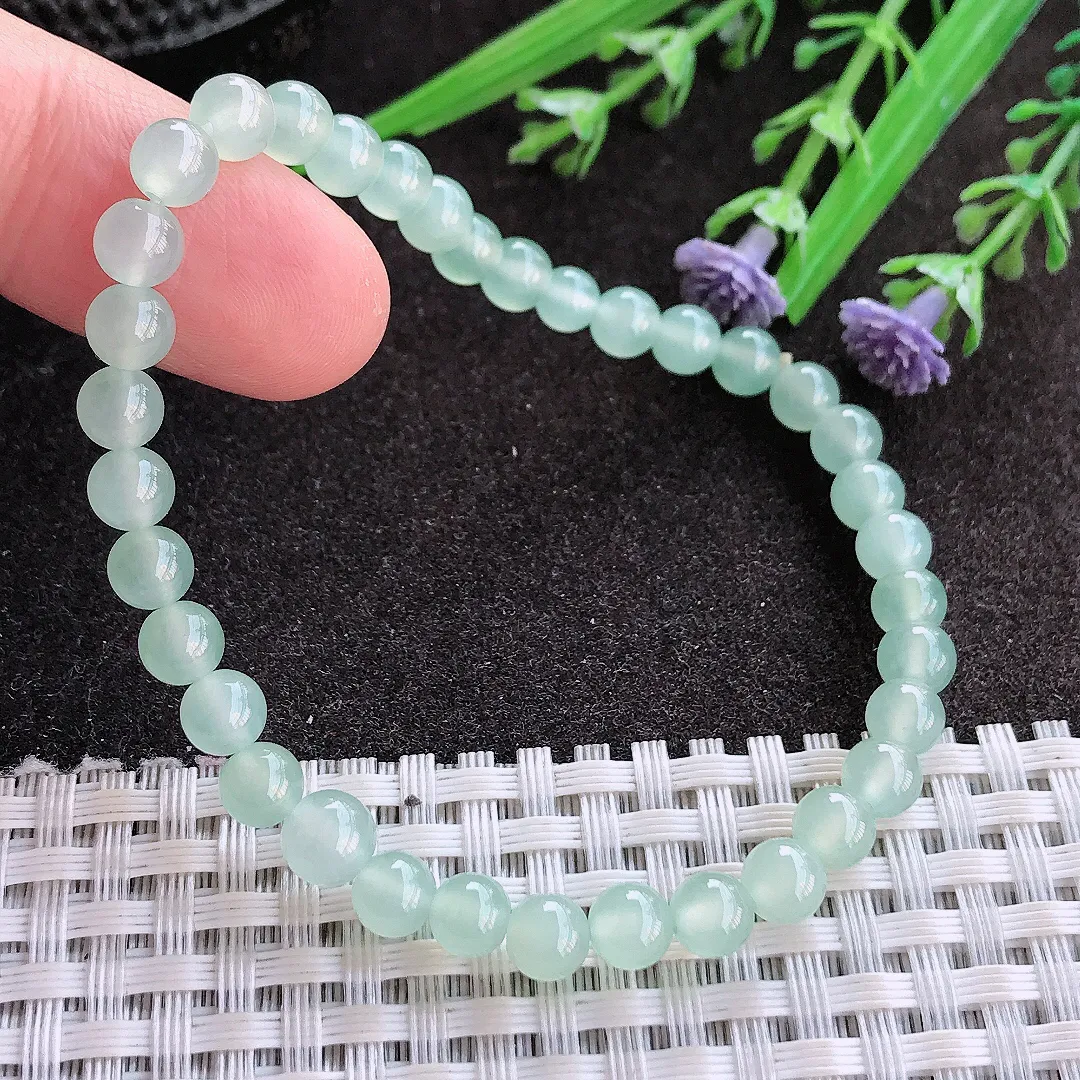 实拍A货翡翠5.5/36颗老坑冰种起胶冰晴绿圆珠手链吊坠翡翠玉珠手串女