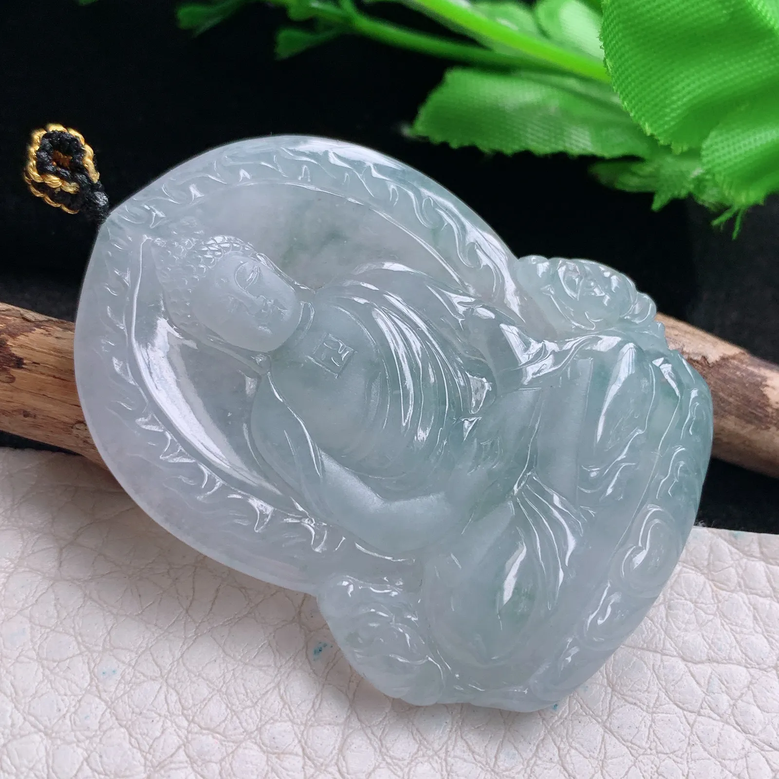 kh实拍51.8*38.5*5.5缅甸翡翠精雕冰飘花大日如来佛祖玉吊坠 玉挂坠