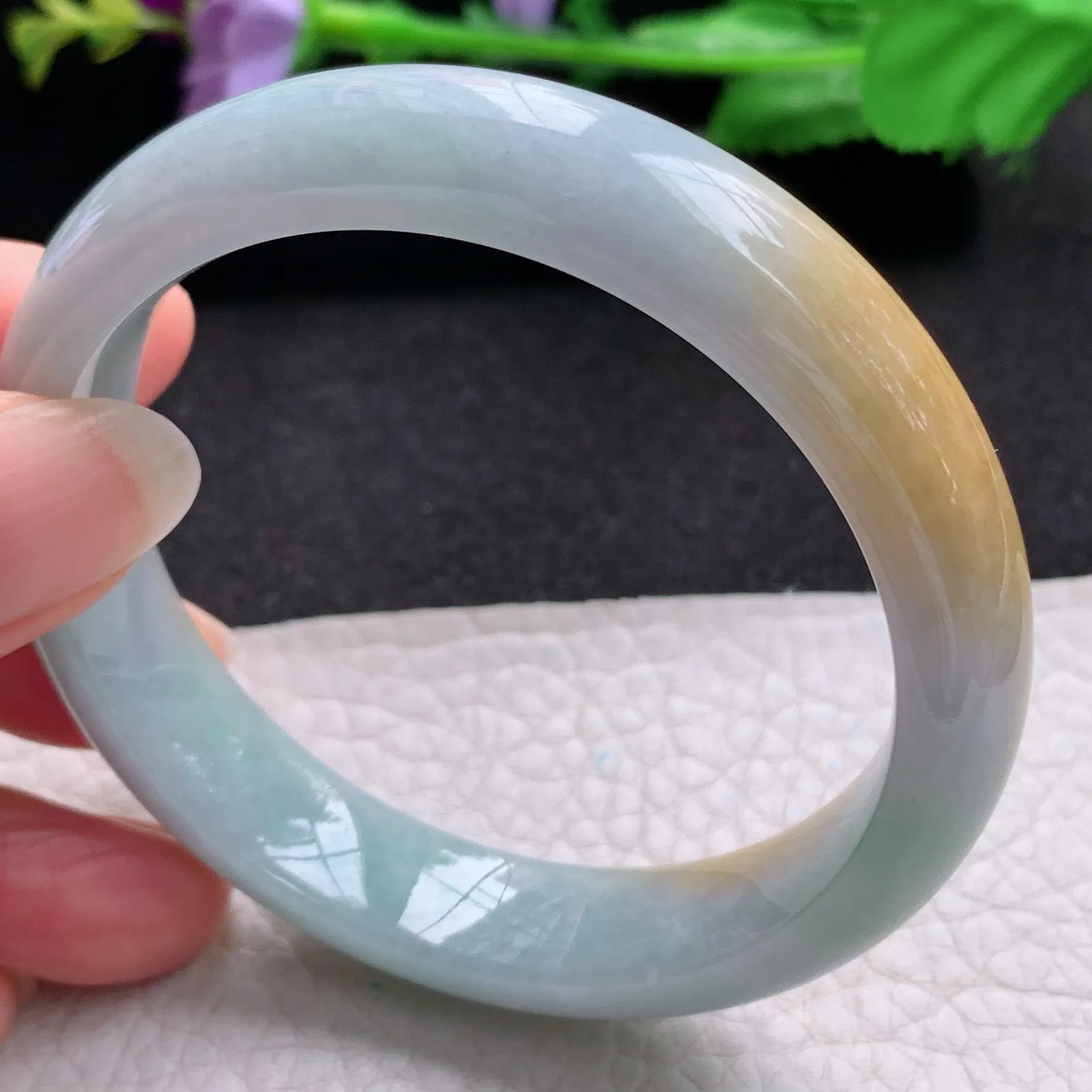 nr自然光55*12.3*7.6平安镯 缅甸翡翠a货玉手镯双彩水润宽边玉手环