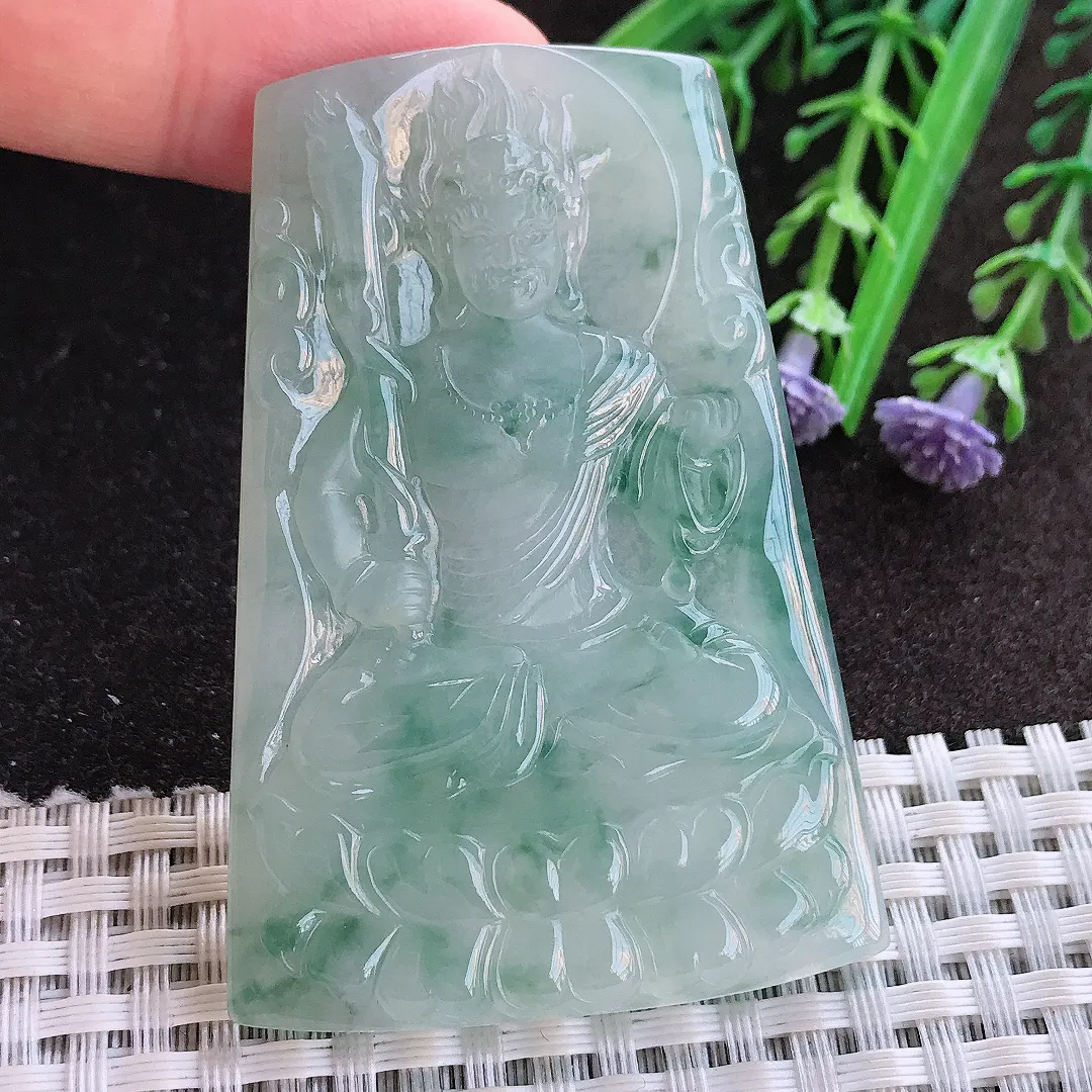 实拍A货翡翠61.5/42.3/5.5老坑冰胶果冻冰飘花不动明王吊坠翡翠玉牌挂件