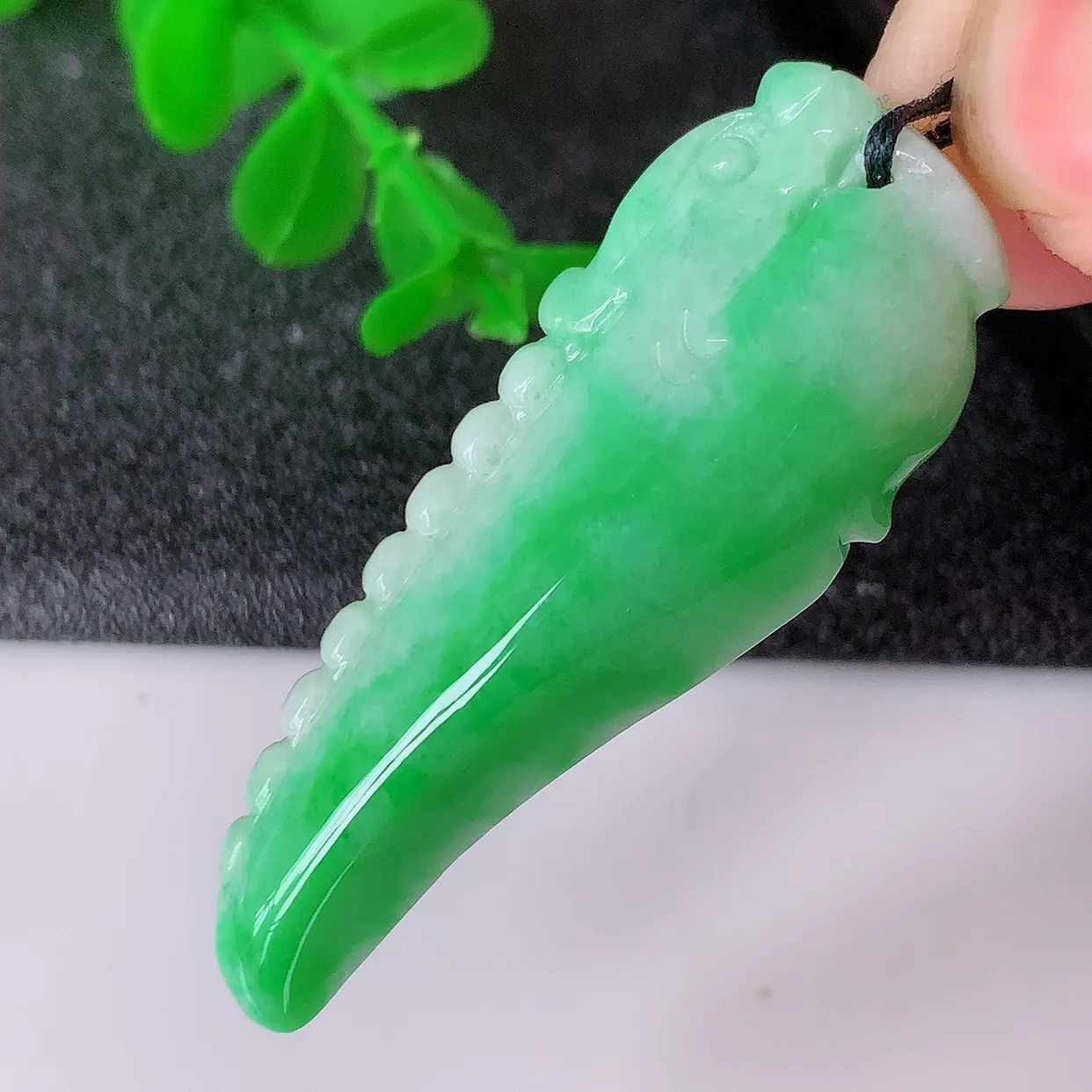 自然光实拍，水润飘绿翡翠招财龙牙吊坠，翠色灵动，玉质细腻，颜色漂亮， 品相佳， 佩戴佳品！#87.16
