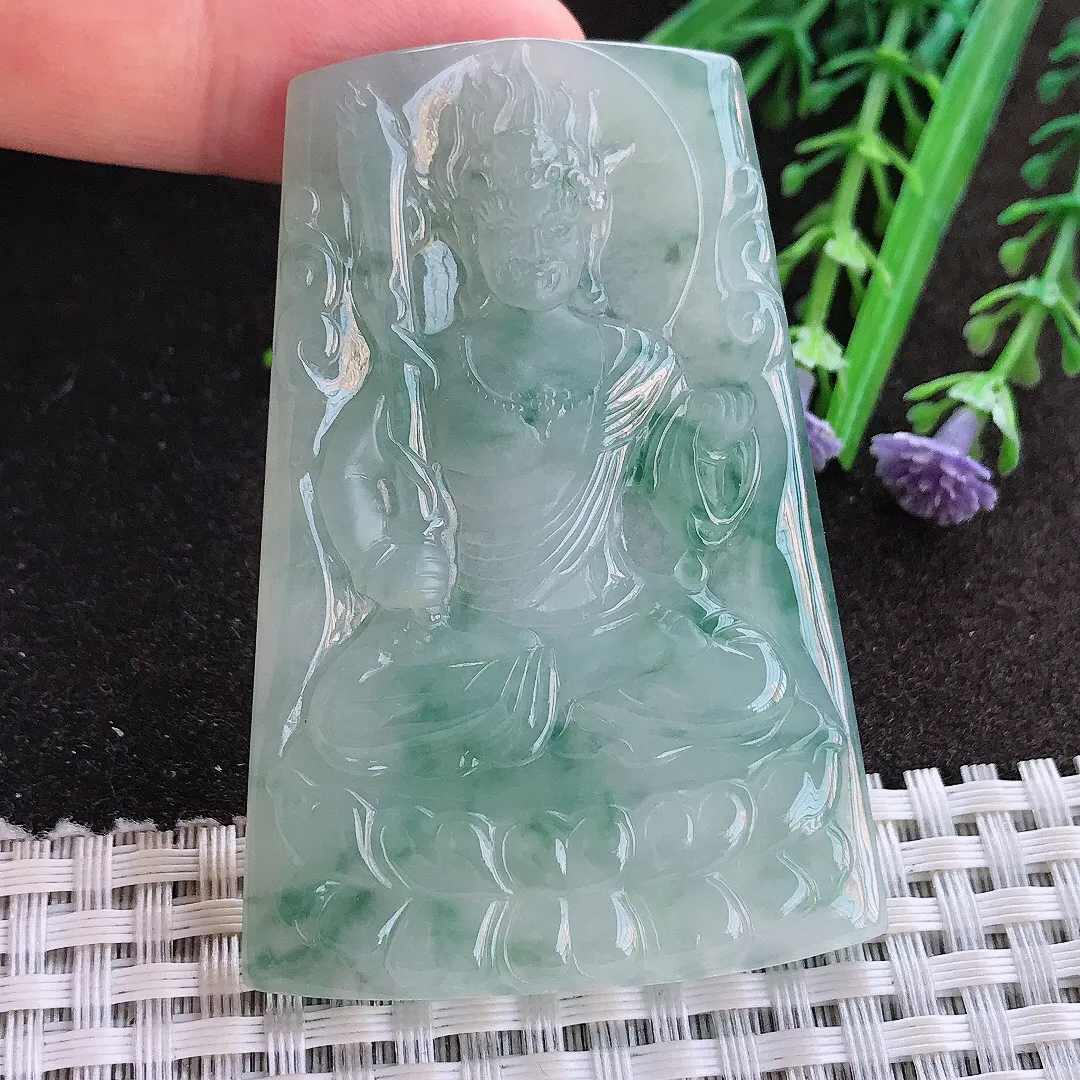 实拍A货翡翠61.5/42.3/5.5老坑冰胶果冻冰飘花不动明王吊坠翡翠玉牌挂件