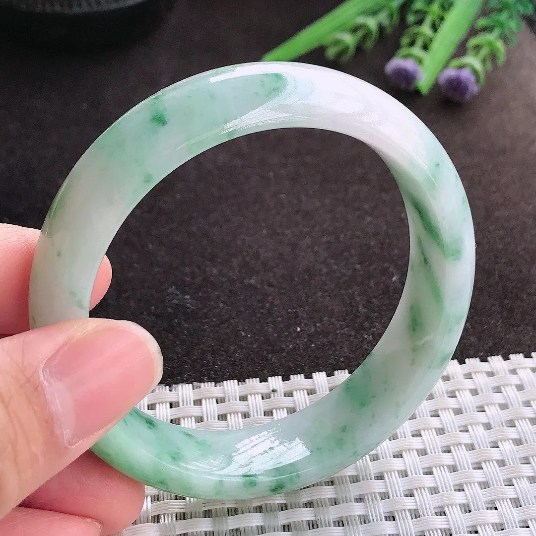 实拍A货翡翠54.5/15.5/8.1老坑精美温润飘花手镯宽边玉镯子平安镯