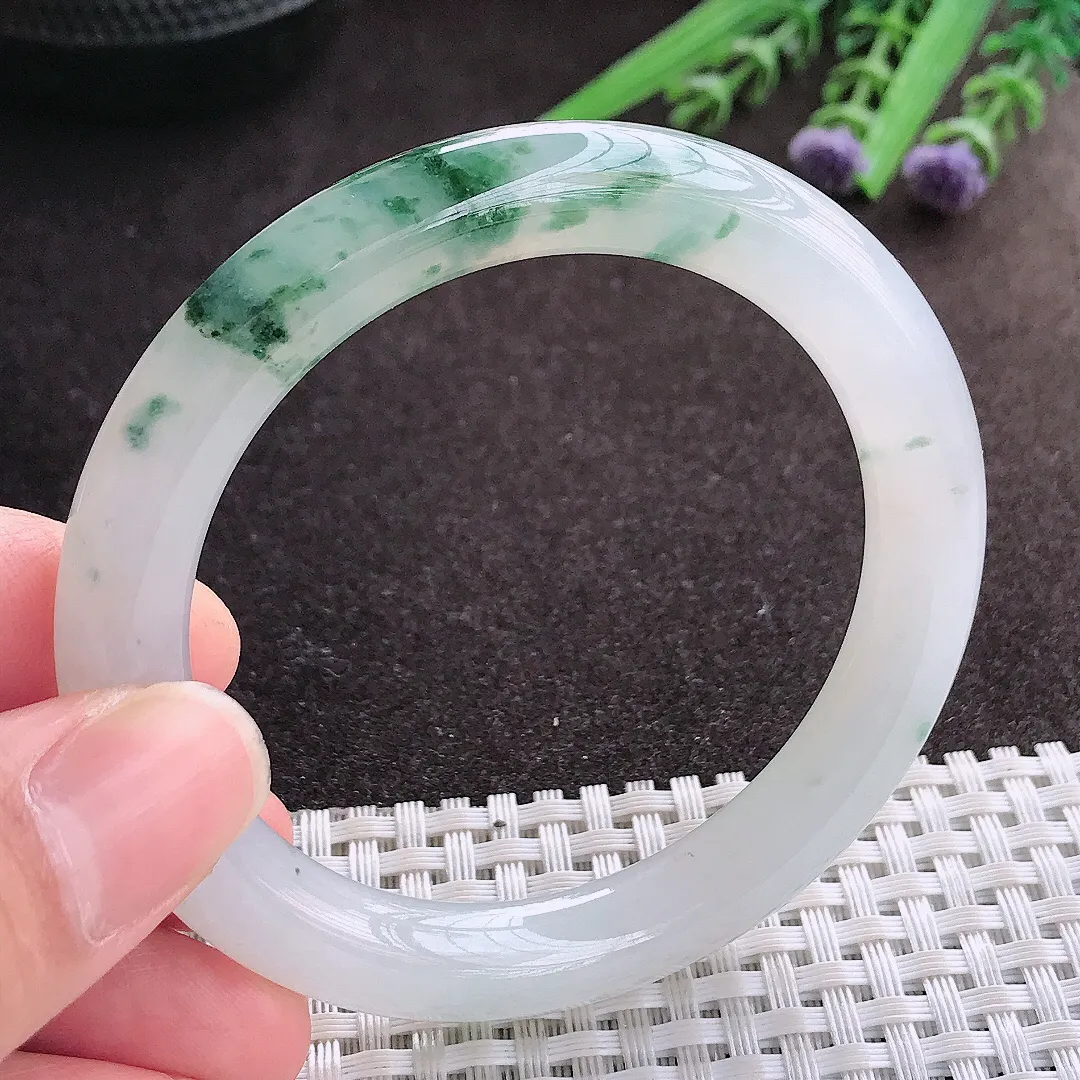 实拍A货翡翠53.5/9/9.3老坑冰胶果冻冰飘花圆条手镯翡翠玉镯子平安镯