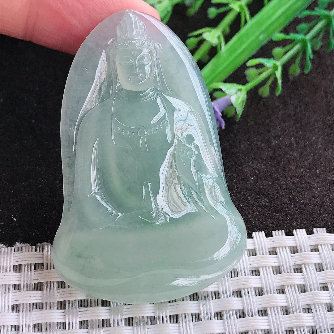 实拍A货翡翠55/36.6/5.6老坑冰胶果冻冰晴绿素衣观音吊坠翡翠玉牌挂件