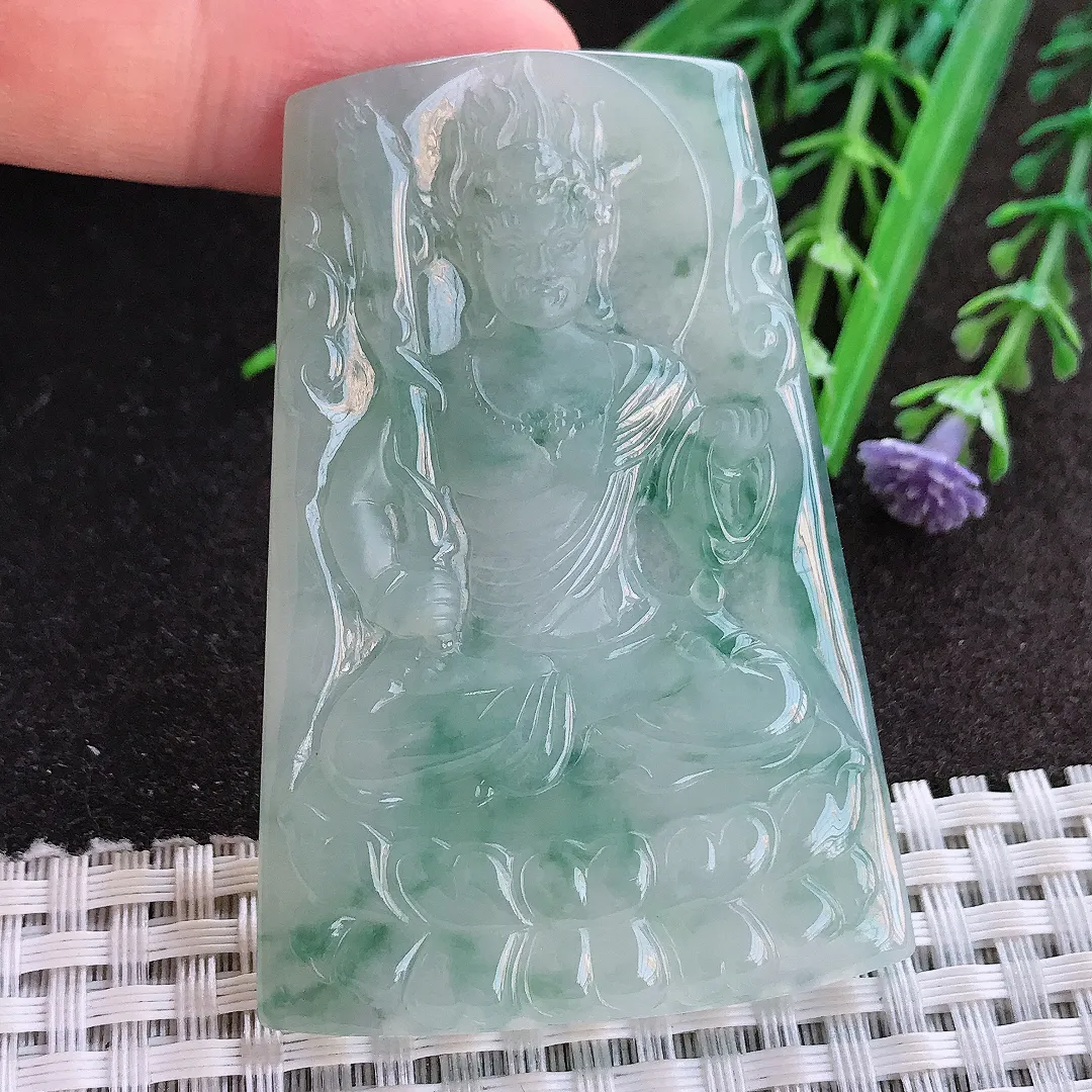 实拍A货翡翠61.5/42.3/5.5老坑冰胶果冻冰飘花不动明王吊坠翡翠玉牌挂件