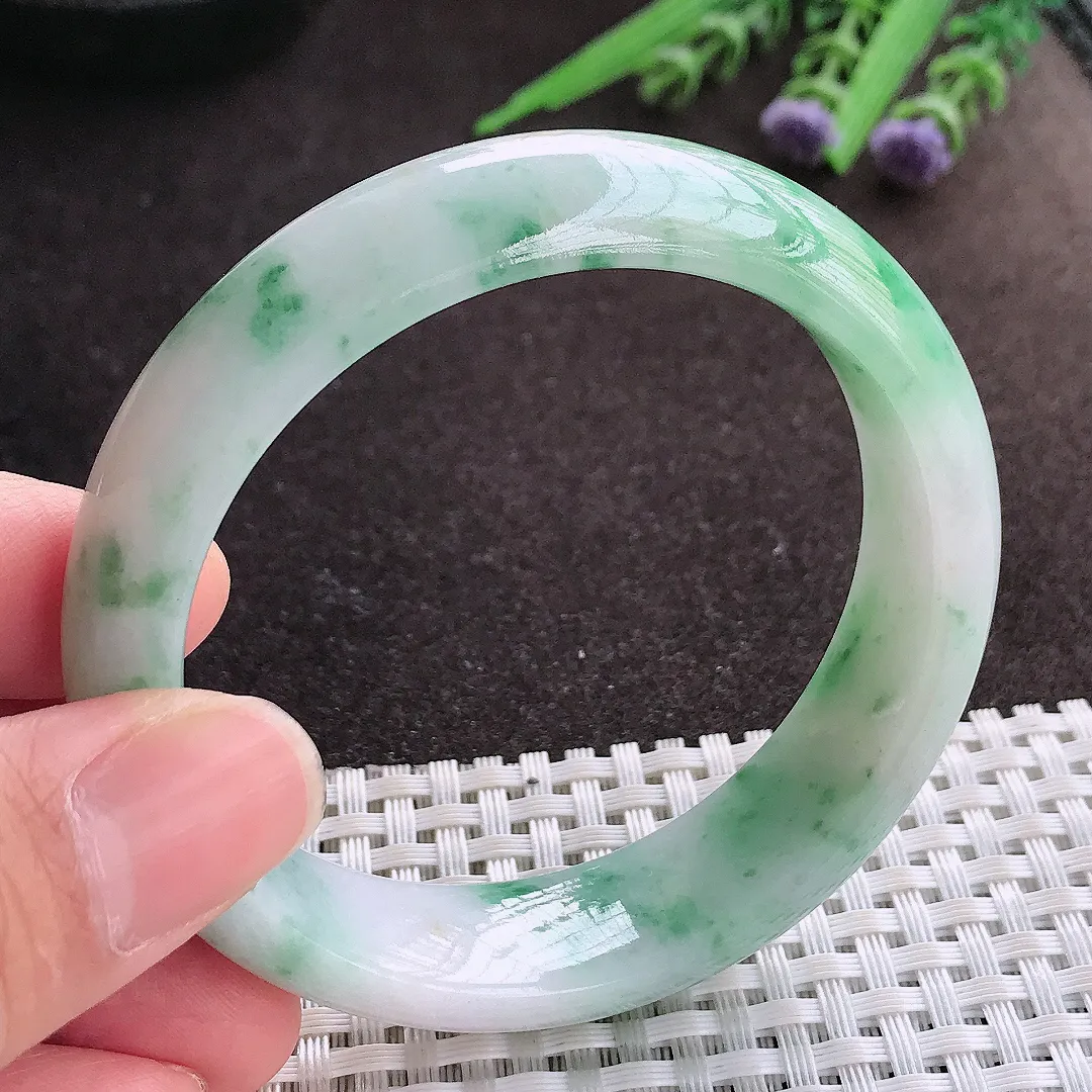 实拍A货翡翠54.5/15.5/8.1老坑精美温润飘花手镯宽边玉镯子平安镯