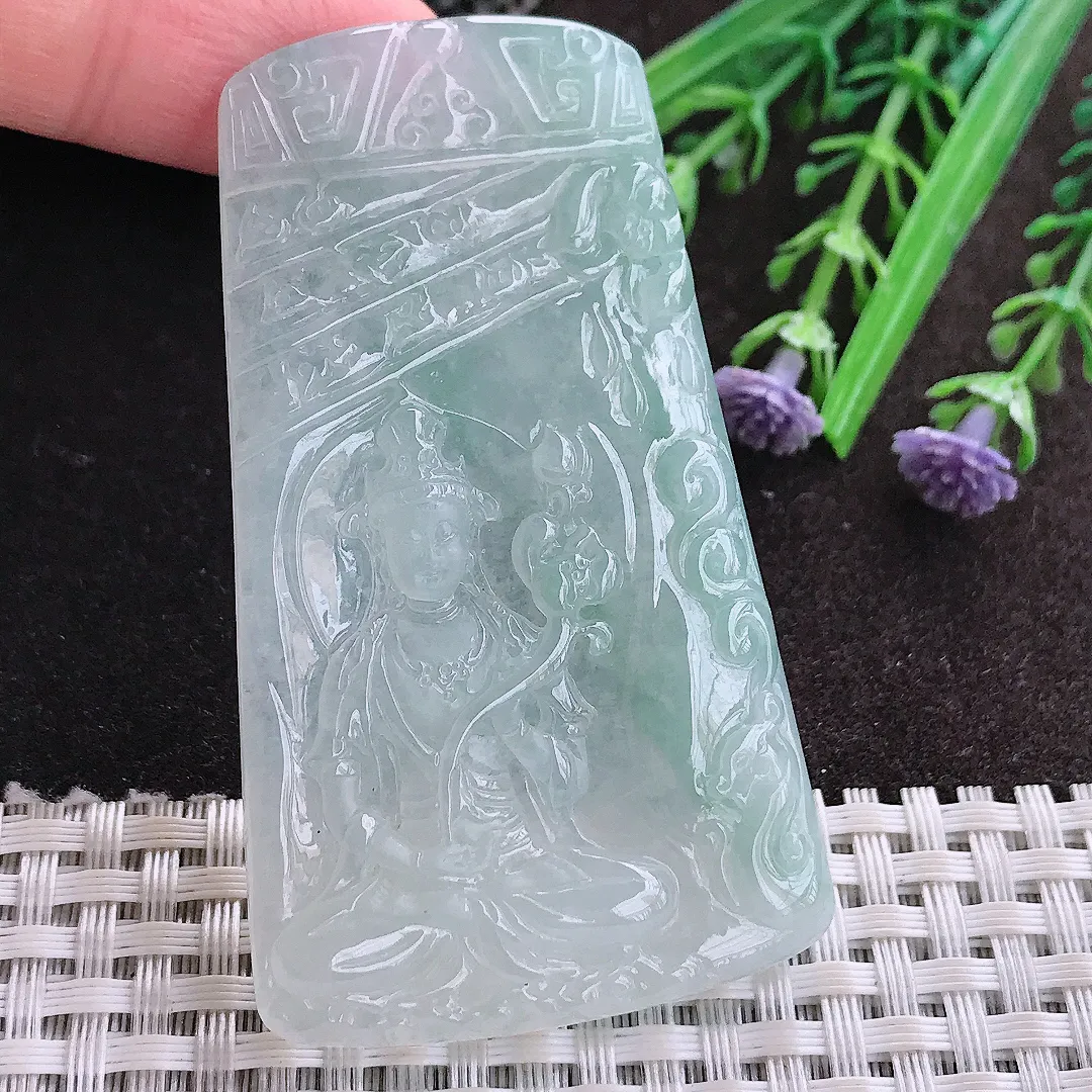 实拍A货翡翠66.3/39/5.8老坑冰透起胶冰晴大势至菩萨吊坠翡翠玉观音挂件