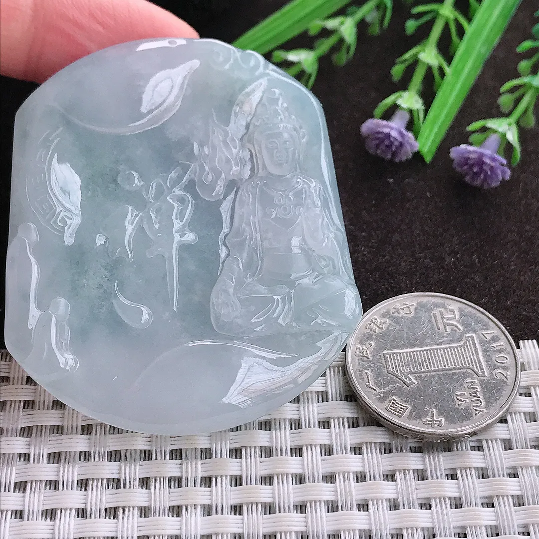 实拍A货翡翠57.2/49.5/5.5老坑冰透果冻胶白冰赐福观音吊坠翡翠玉牌挂件