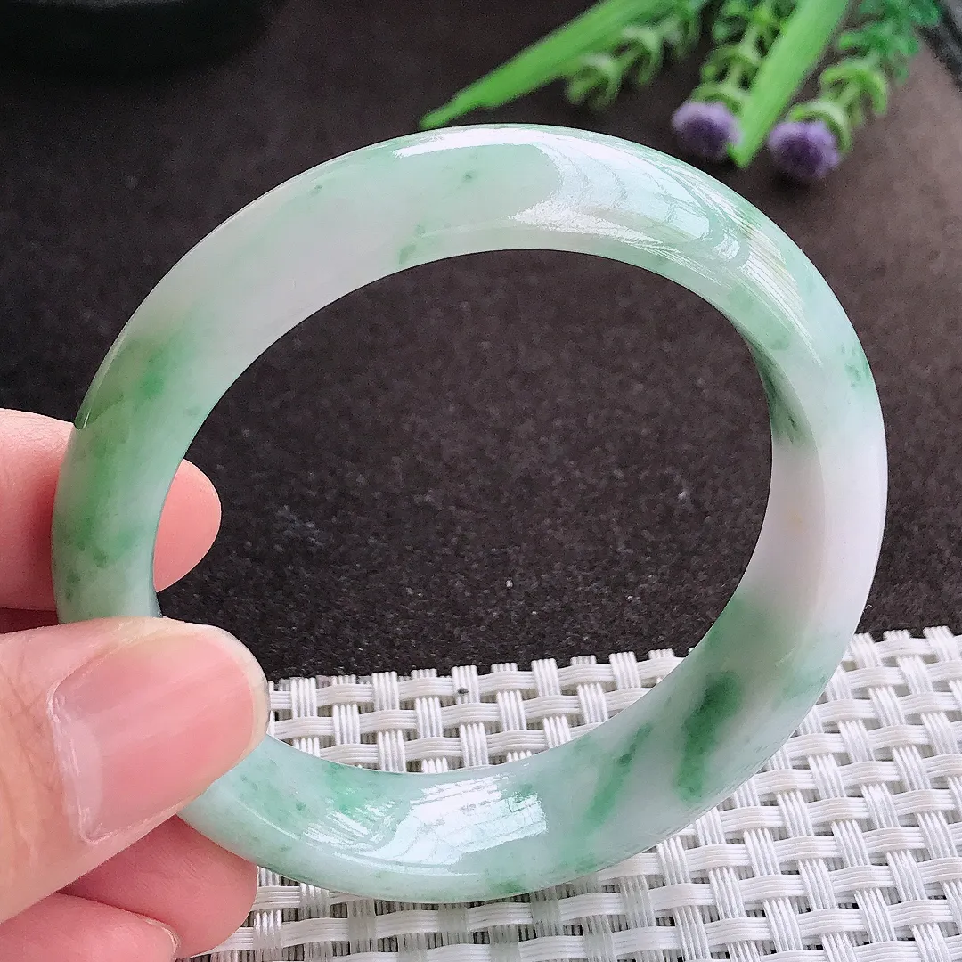 实拍A货翡翠54.5/15.5/8.1老坑精美温润飘花手镯宽边玉镯子平安镯