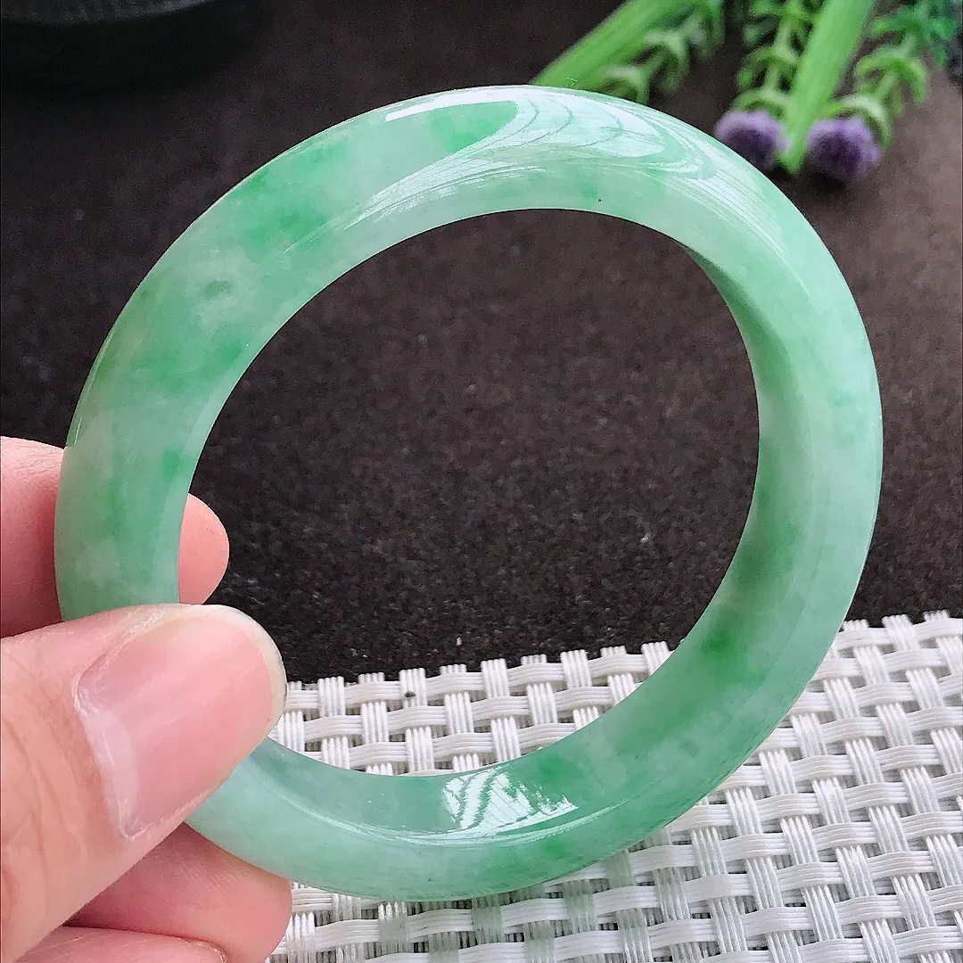 实拍A货翡翠54.8/12.2/8.6老坑冰润起胶满绿手镯宽边玉镯子平安镯