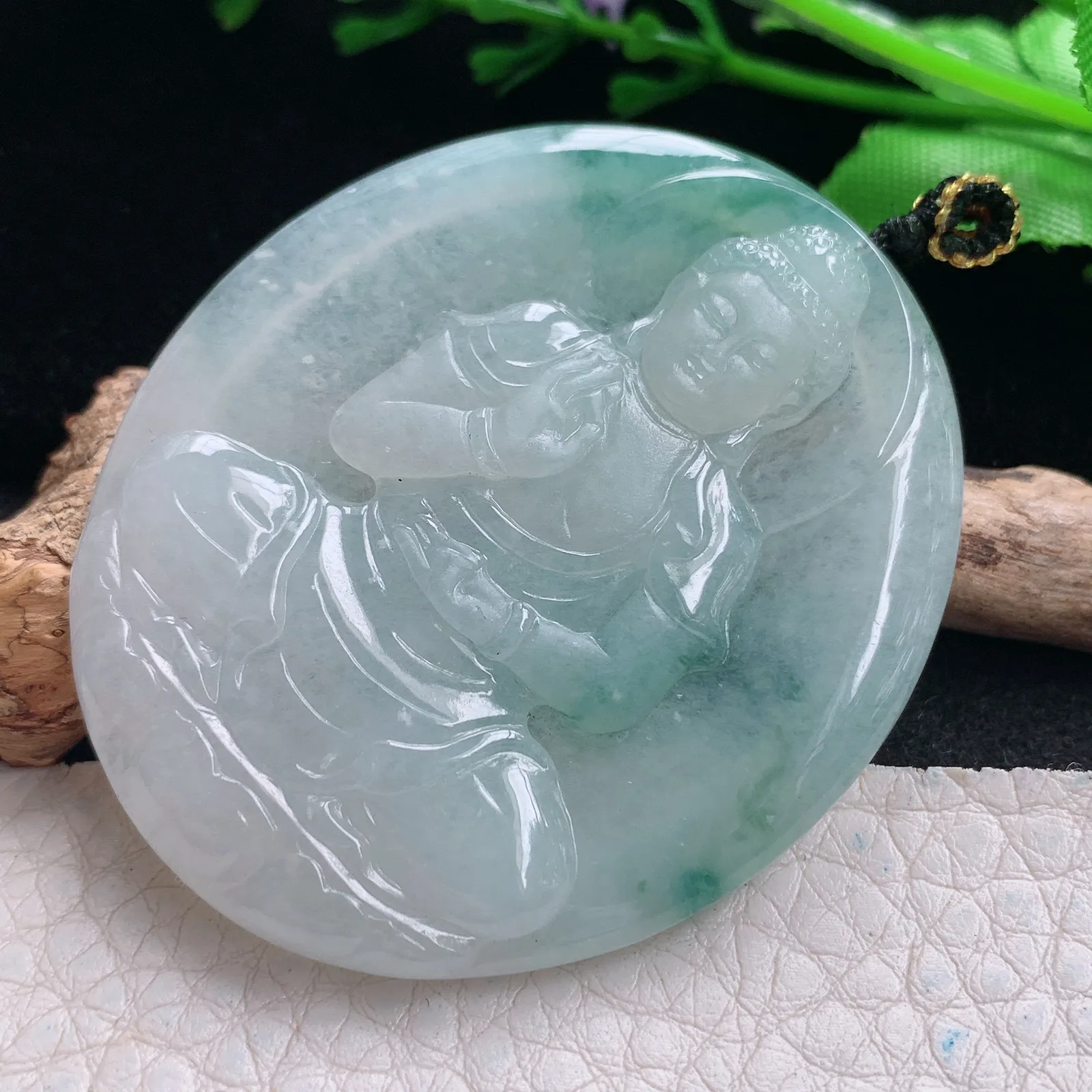 kh实拍50.5*43*5.5缅甸翡翠精雕冰飘花阿弥佗佛 佛祖玉吊坠 玉挂坠