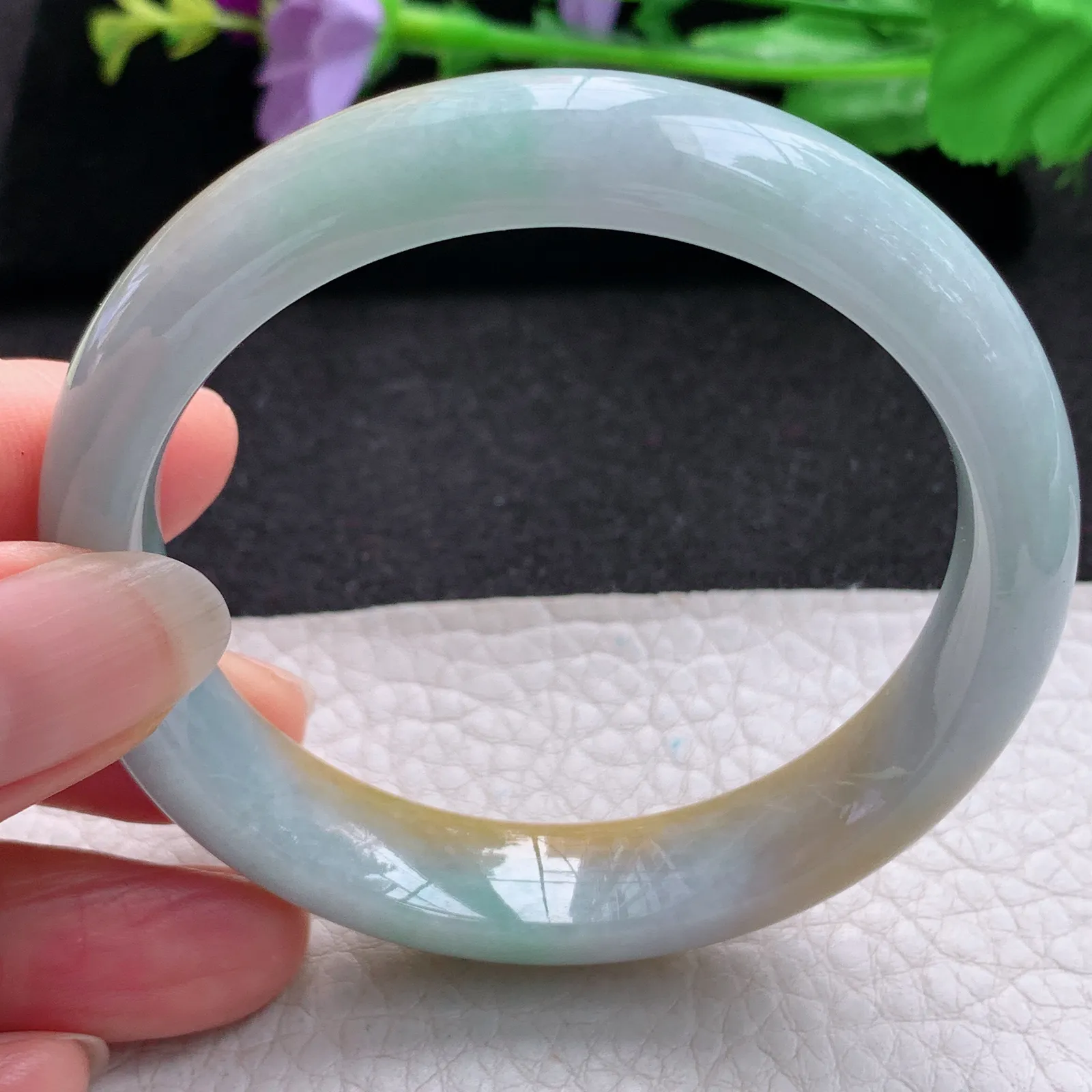 nr自然光55*12.3*7.6平安镯 缅甸翡翠a货玉手镯双彩水润宽边玉手环