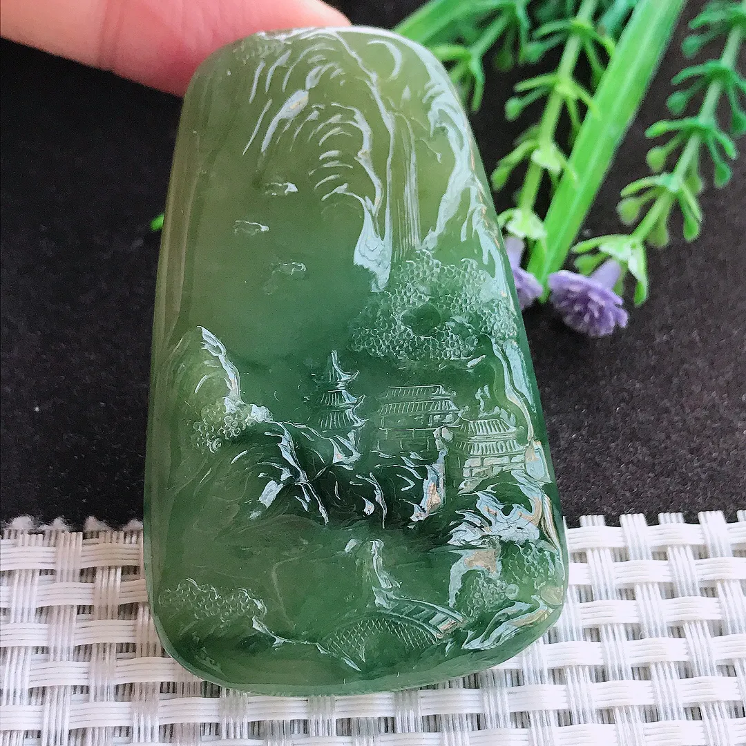 实拍A货翡翠65.3/40/7.2老坑冰胶水灵黄加绿山水牌吊坠翡翠玉牌挂件