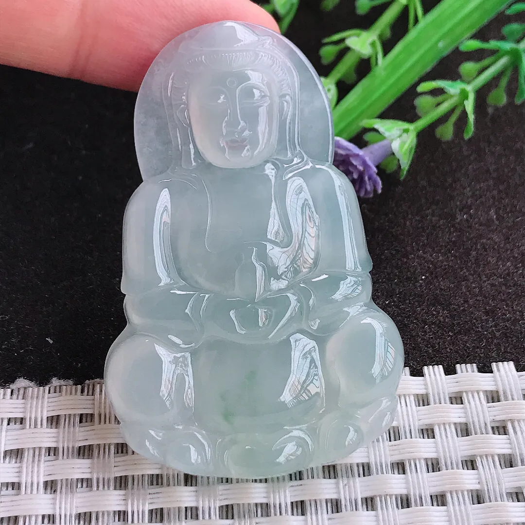 实拍A货翡翠53.6/35.8/5.8老坑冰胶果冻冰晴正装观音吊坠翡翠玉观音挂件