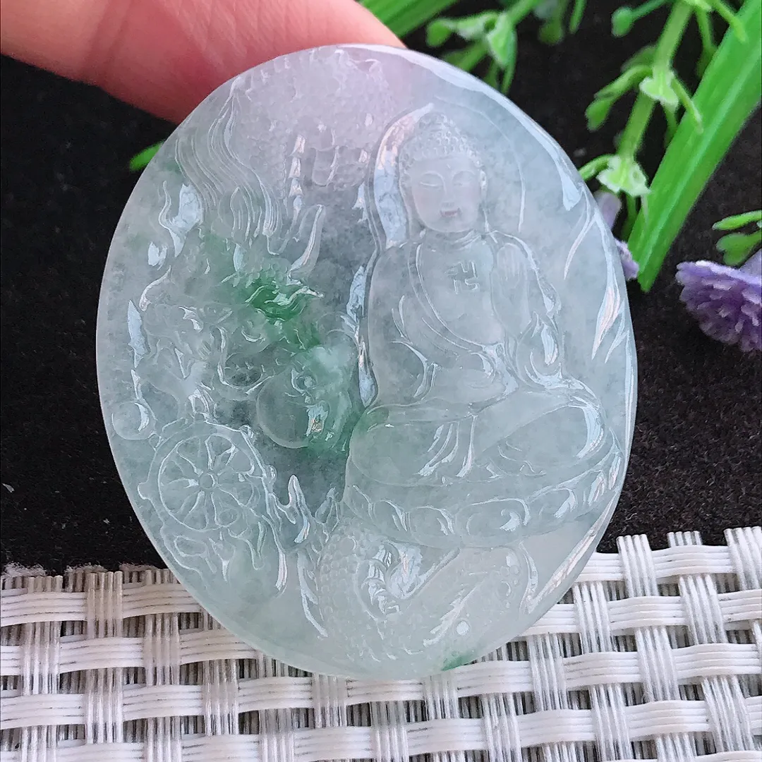 实拍A货翡翠47.3/40.6/5老坑冰透果冻胶飘花阿弥陀佛吊坠翡翠玉牌挂件