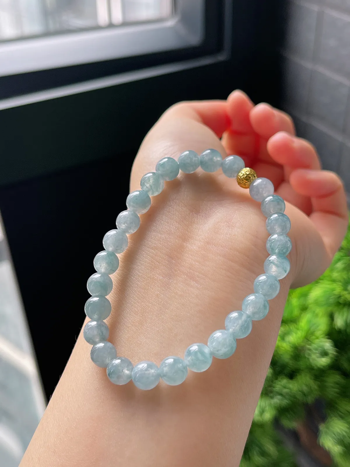 【星河系列】足金核桃珠配冰蓝翡翠珠串7mm