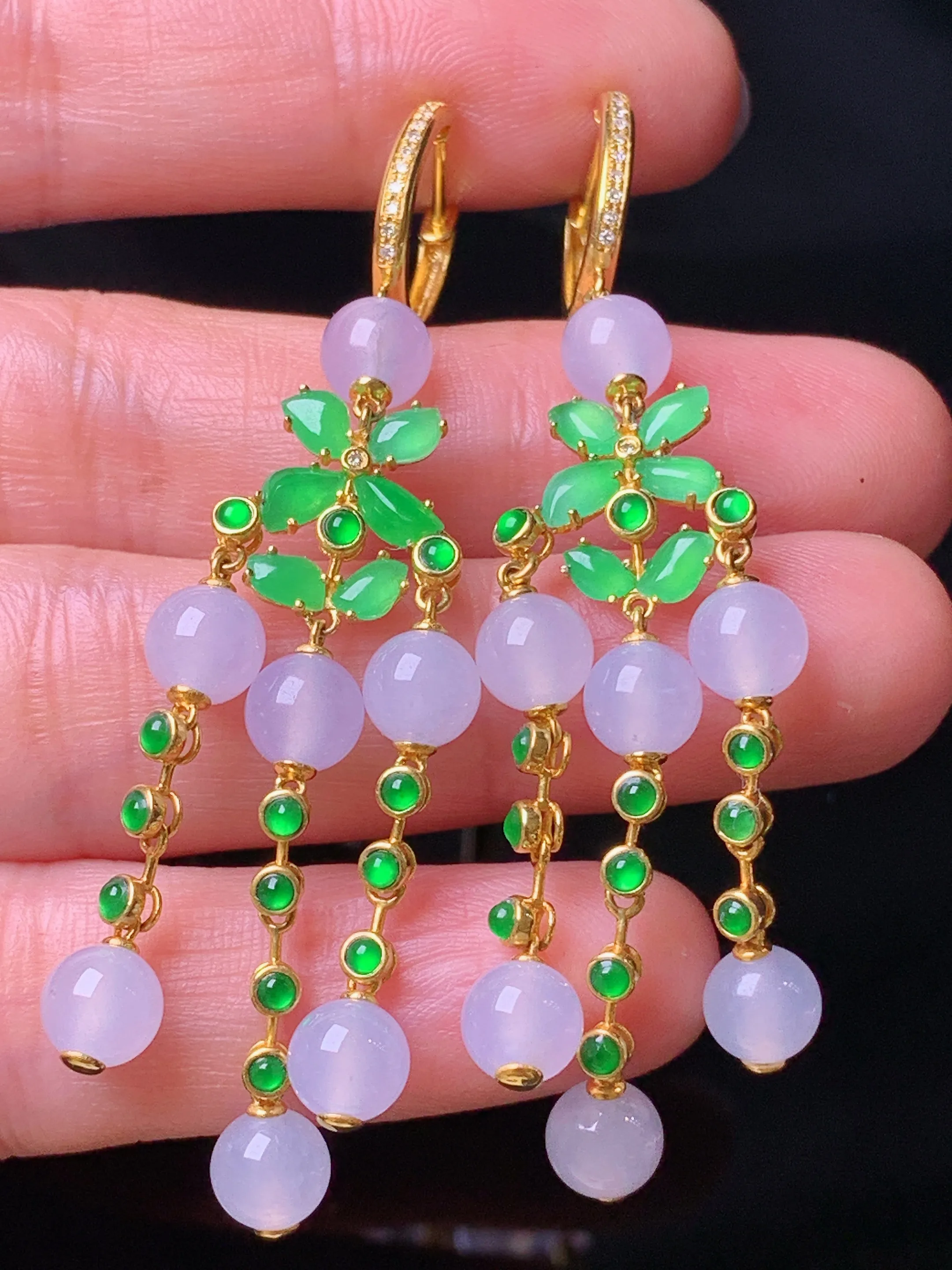 18k金钻镶嵌冰种圆珠组合耳坠 玉质细腻 色泽清新艳丽 整体尺寸63*5.8