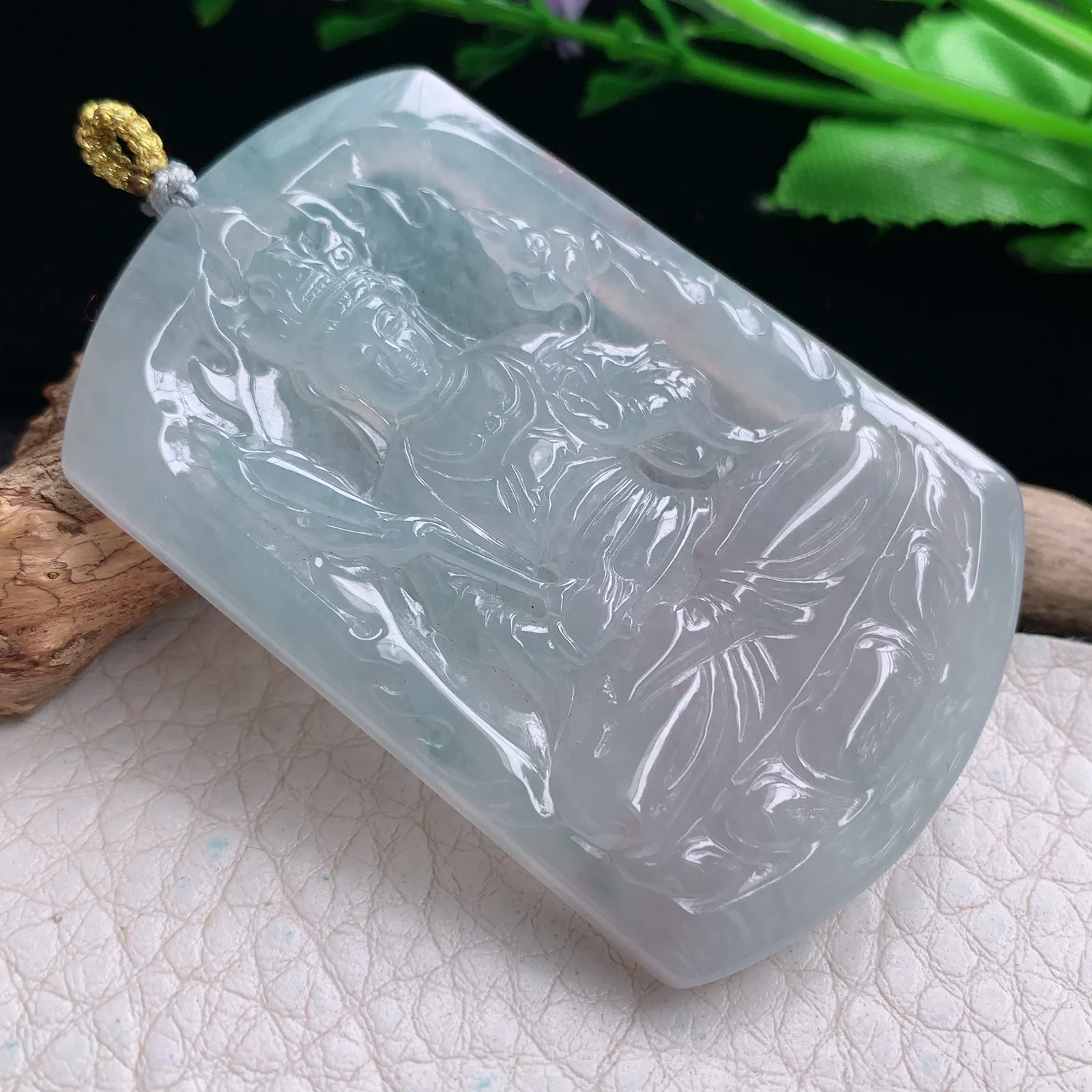 rp实拍55.6*36.5*6缅甸翡翠精雕冰晴底普贤菩萨 生肖守护神玉吊坠 玉挂坠