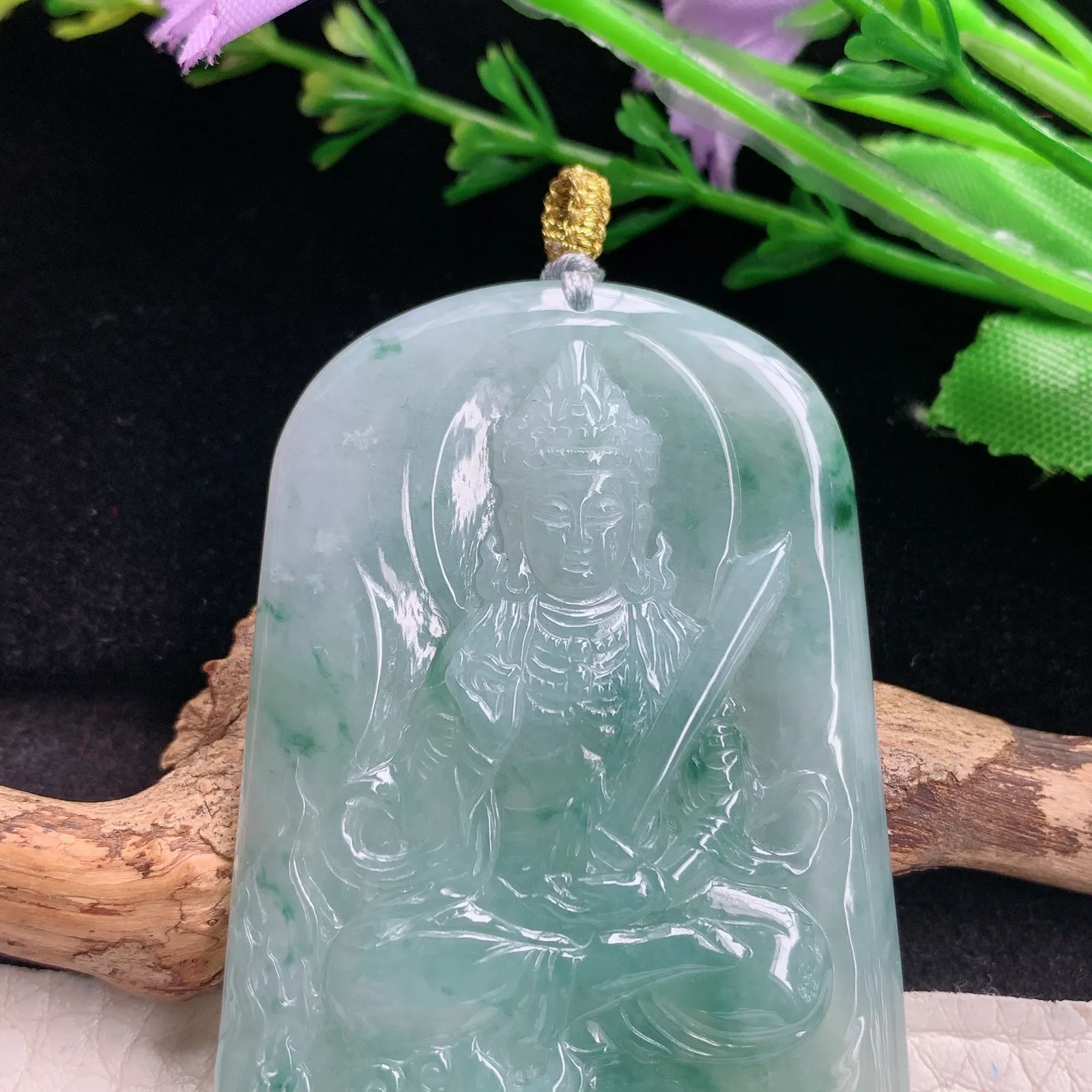 rp实拍63.7*38.8*5.8缅甸翡翠精雕文殊菩萨 生肖守护神玉吊坠 玉挂坠