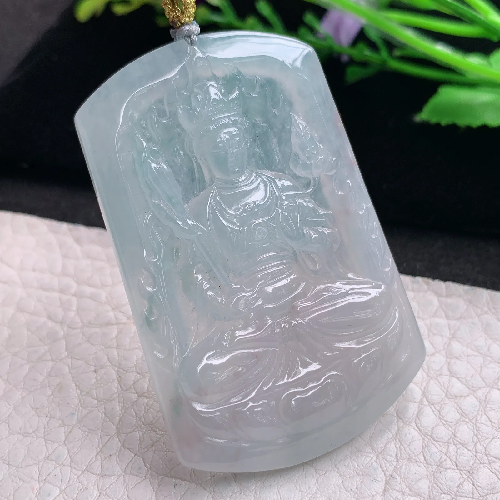 rp实拍55.6*36.5*6缅甸翡翠精雕冰晴底普贤菩萨 生肖守护神玉吊坠 玉挂坠