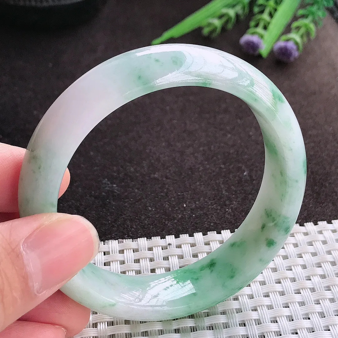 实拍A货翡翠54.5/15.5/8.1老坑精美温润飘花手镯宽边玉镯子平安镯