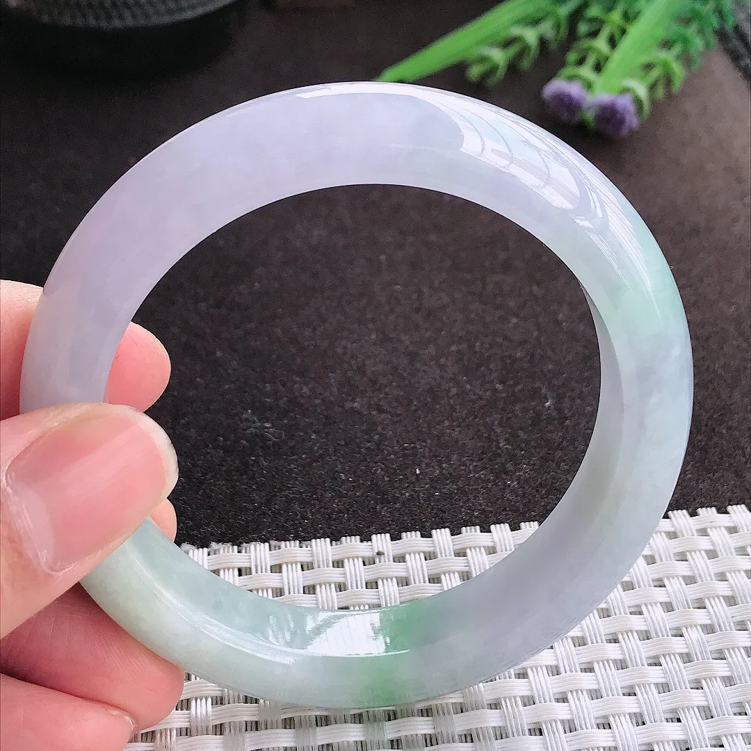 实拍A货翡翠56.5/12.5/9.1老坑冰润起胶紫罗兰手镯宽边玉镯子平安镯