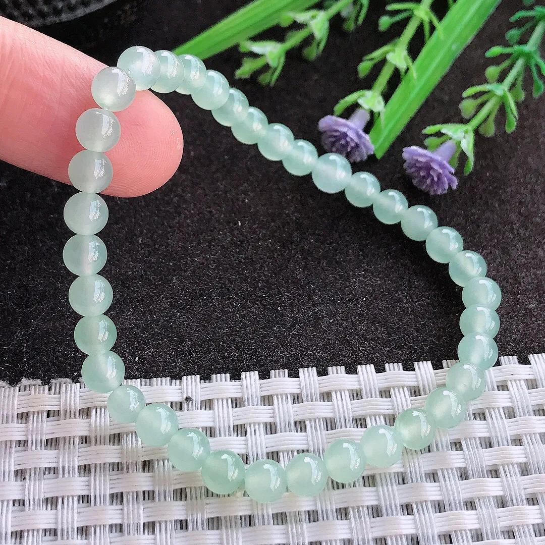 实拍A货翡翠5.5/36颗老坑冰种起胶冰晴绿圆珠手链吊坠翡翠玉珠手串女