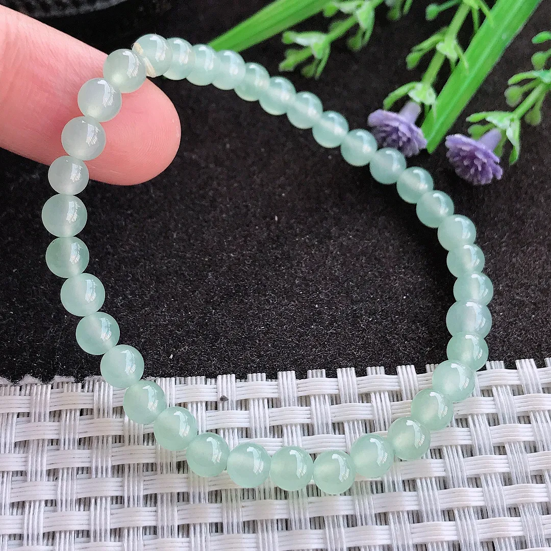 实拍A货翡翠5.5/36颗老坑冰种起胶冰晴绿圆珠手链吊坠翡翠玉珠手串女