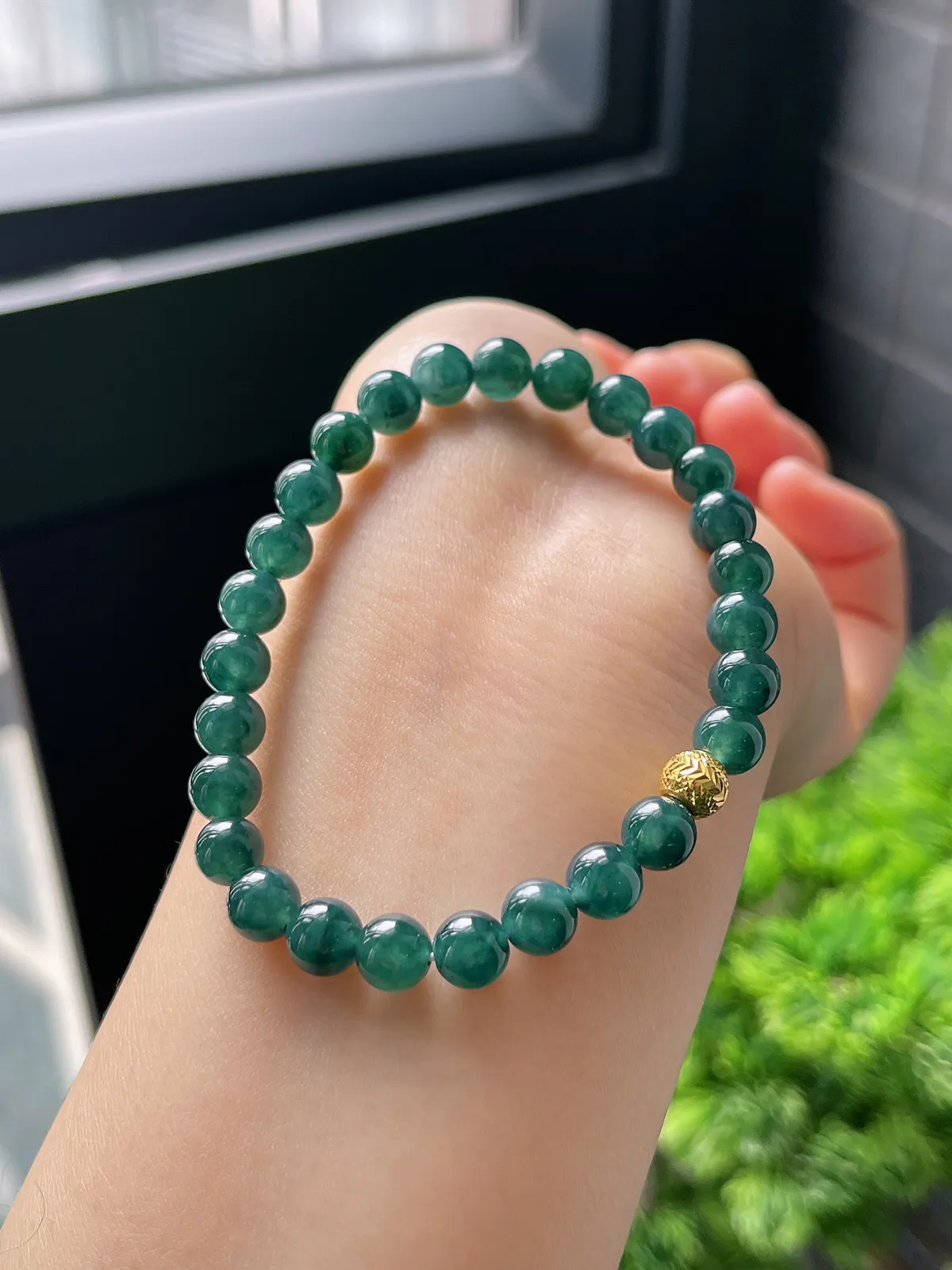 【星河系列】足金波纹珠配冰蓝翡翠珠串6.6mm