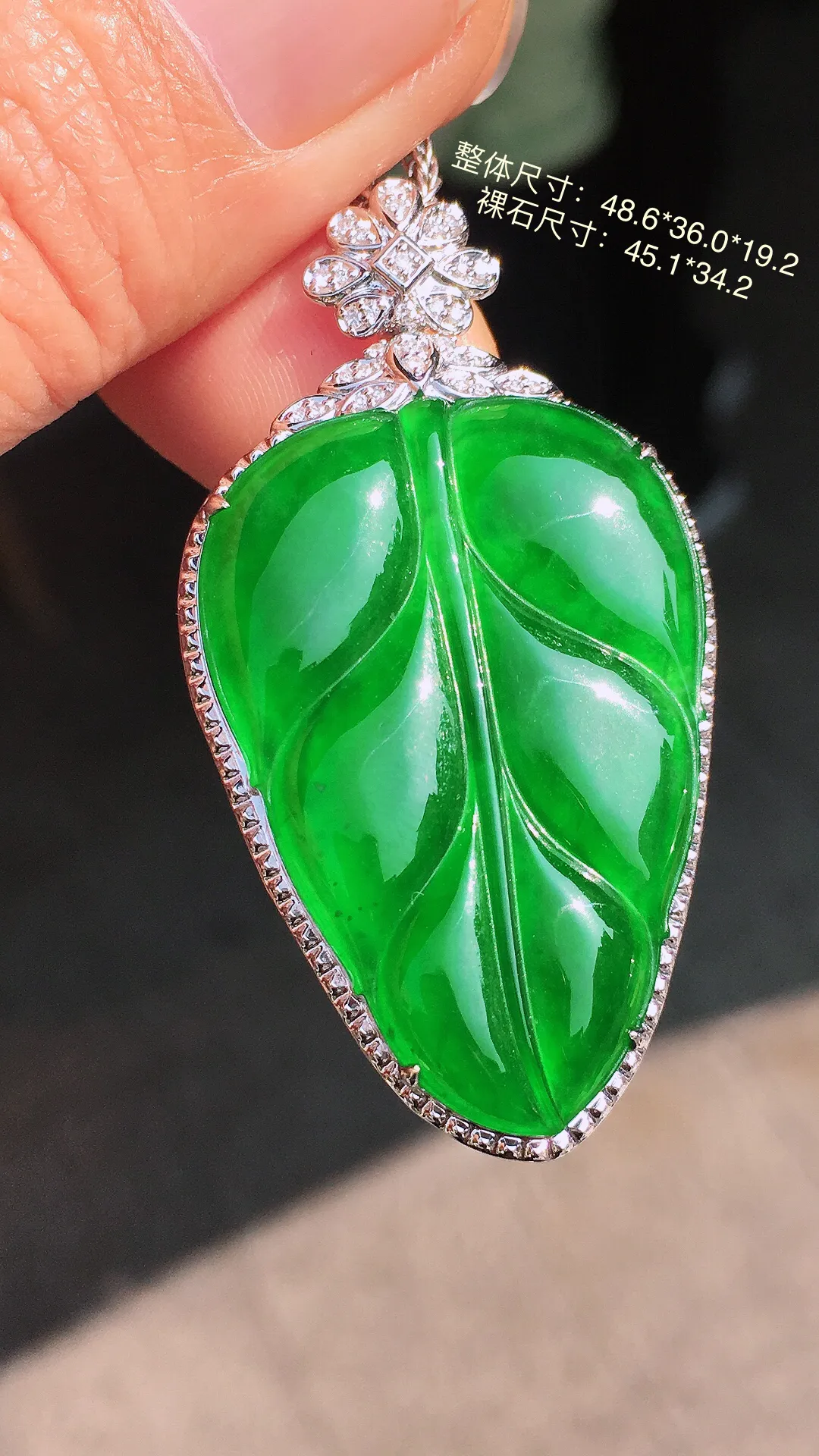 阳绿玉叶吊坠，色泽均匀艳丽，玉质细腻，荧光感超
强，饱满圆润，尽显优雅气质，18k
金豪华镶嵌