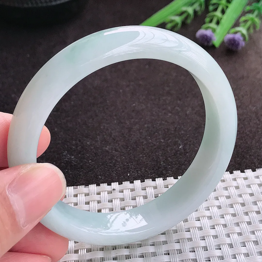 实拍A货翡翠56.5/13.2/7.5老坑冰润起胶飘花手镯宽边玉镯子平安镯