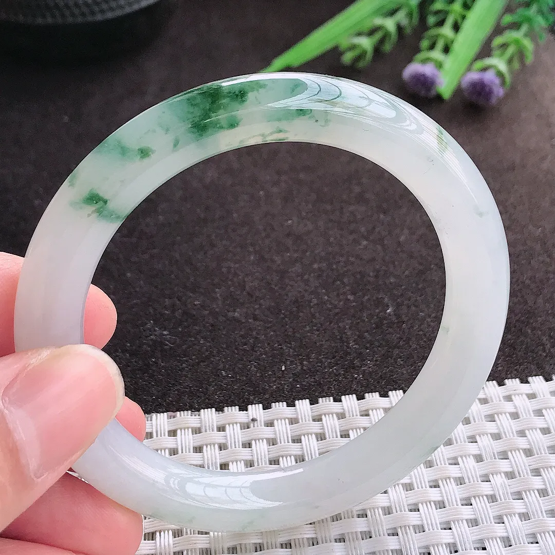 实拍A货翡翠53.5/9/9.3老坑冰胶果冻冰飘花圆条手镯翡翠玉镯子平安镯