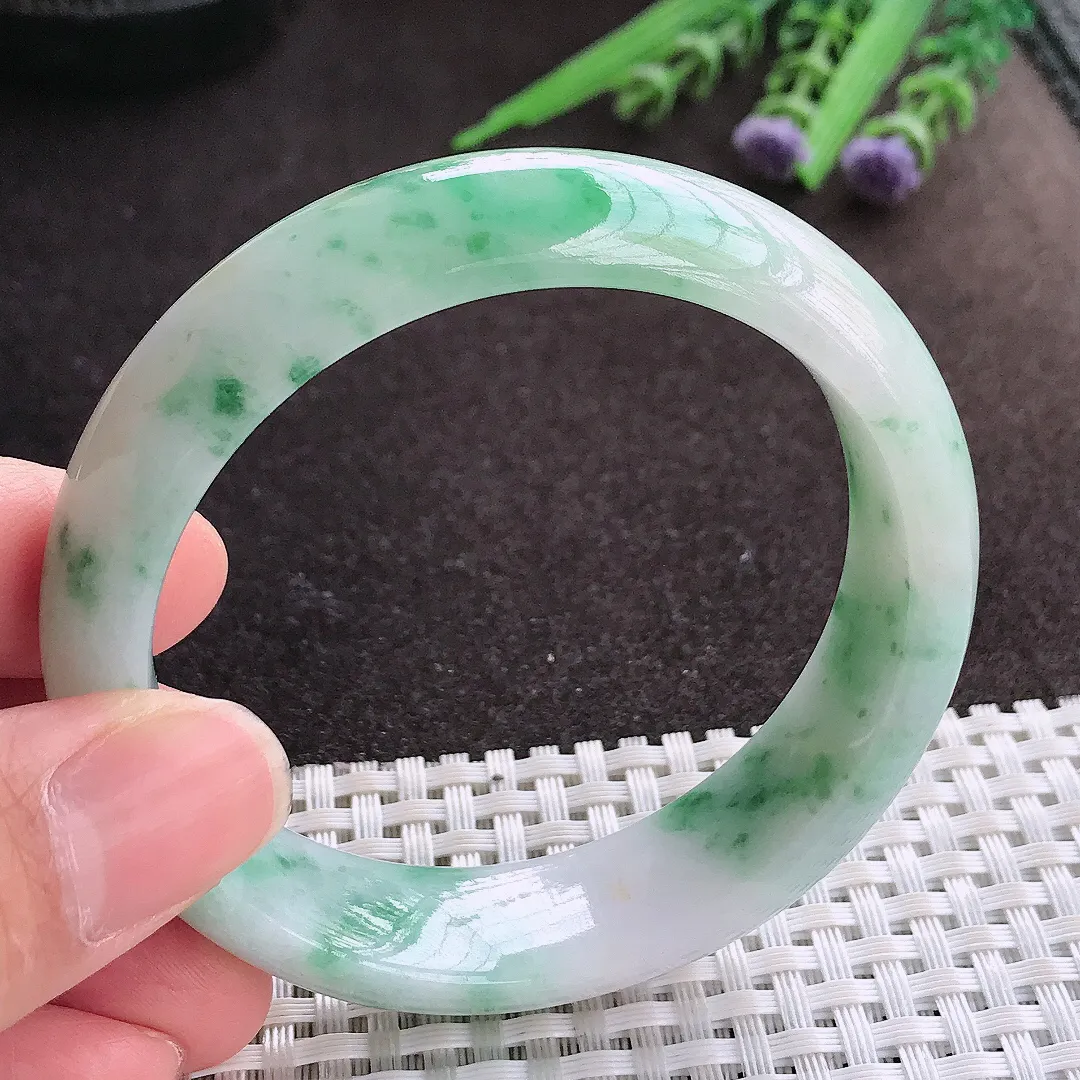 实拍A货翡翠54.5/15.5/8.1老坑精美温润飘花手镯宽边玉镯子平安镯