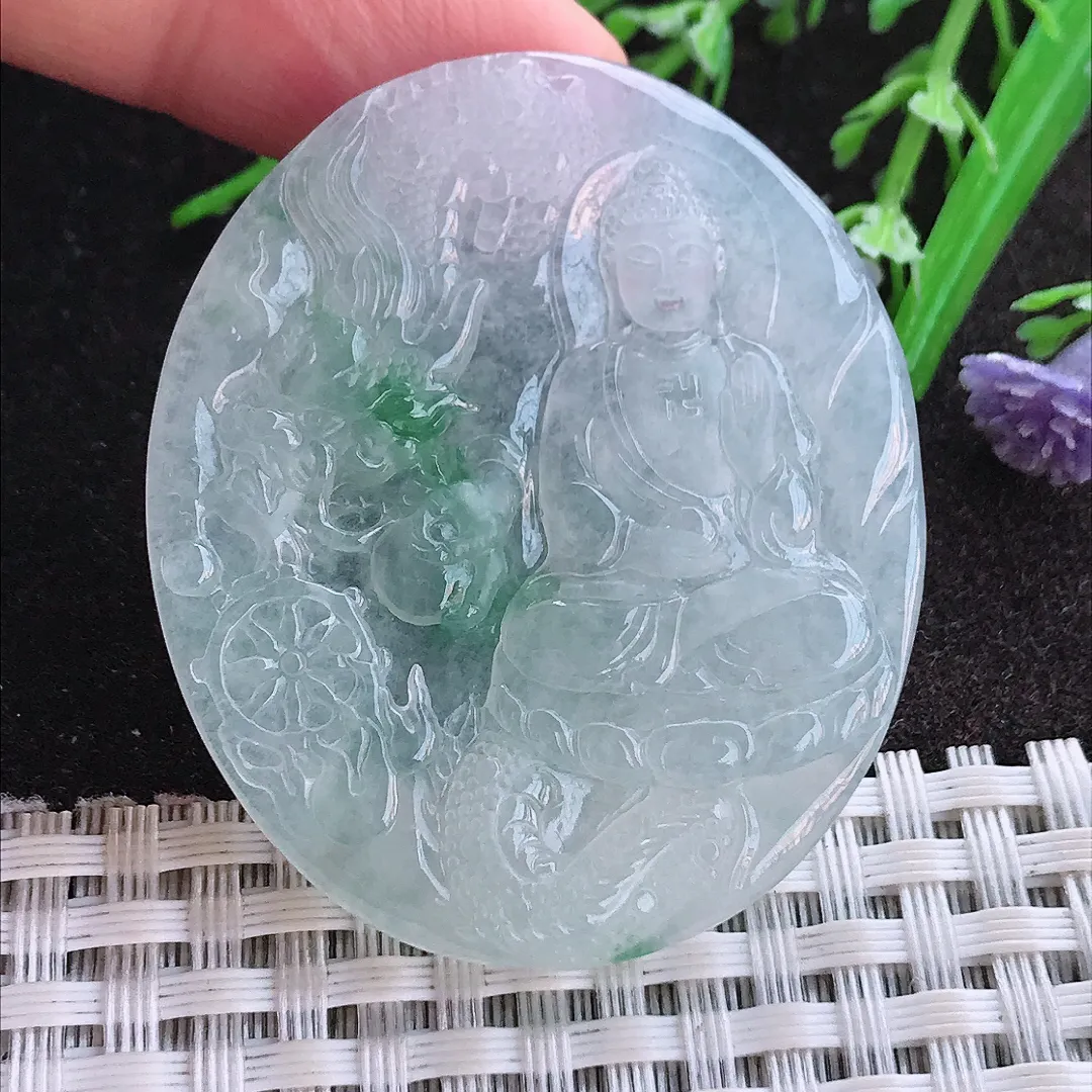 实拍A货翡翠47.3/40.6/5老坑冰透果冻胶飘花阿弥陀佛吊坠翡翠玉牌挂件