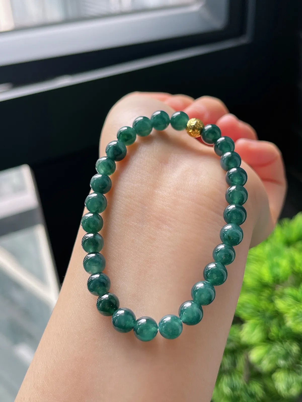 【星河系列】足金波纹珠配冰蓝翡翠珠串6.6mm