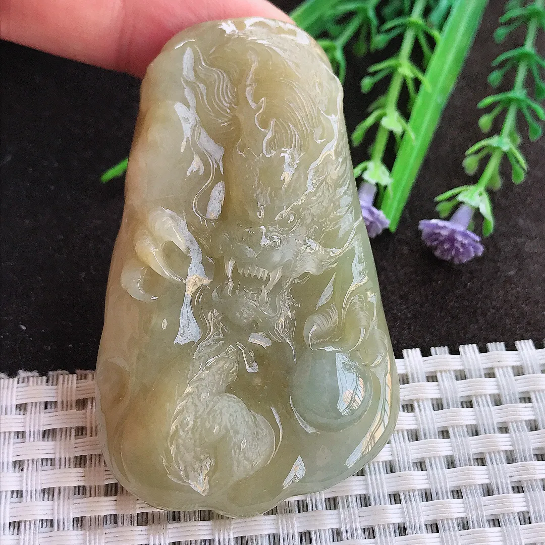 实拍A货翡翠66/40/12老坑冰润起胶黄翡龙牌吊坠翡翠玉牌挂件