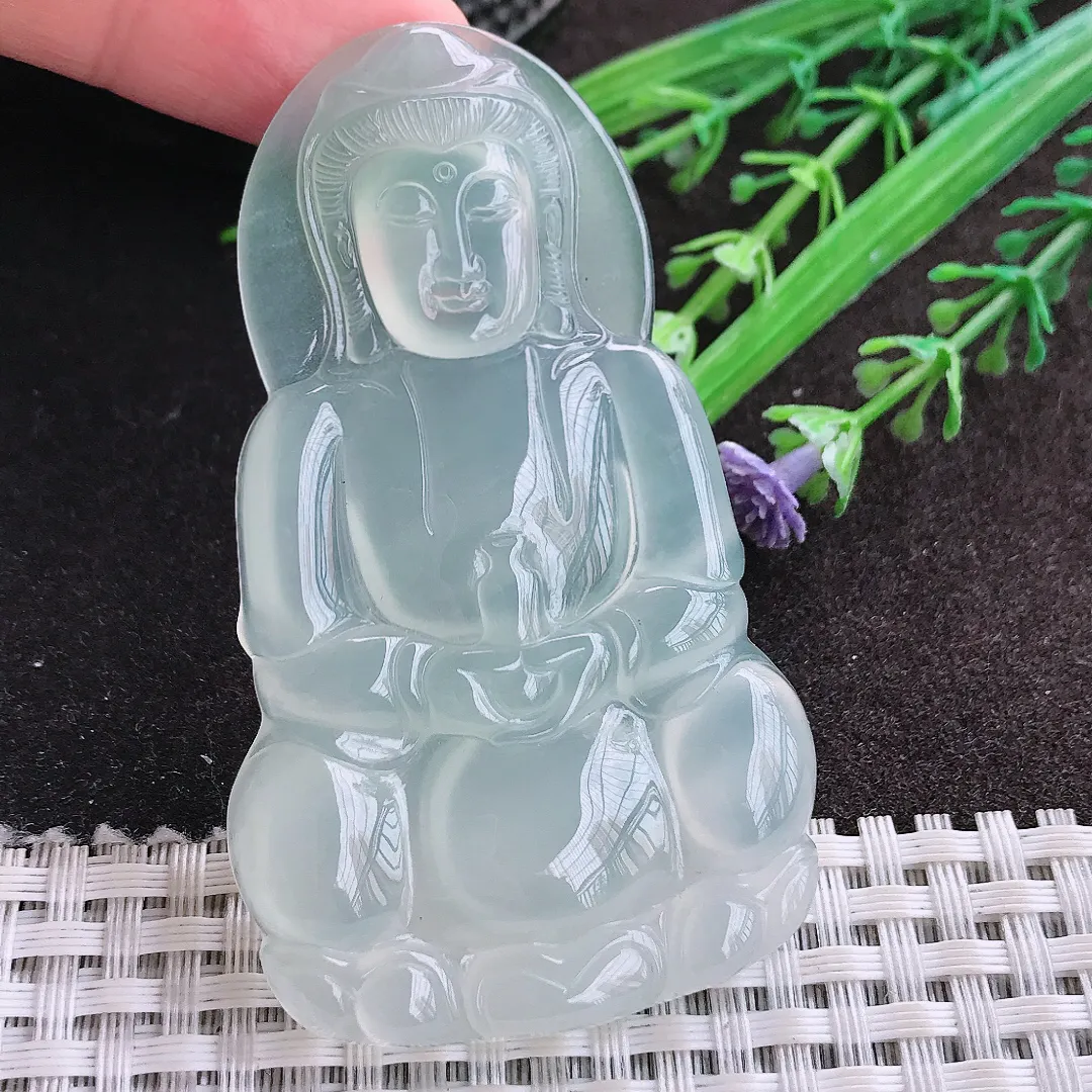 实拍A货翡翠67.8/40.5/5.8老坑冰种果冻胶冰晴大观音吊坠翡翠玉观音挂件