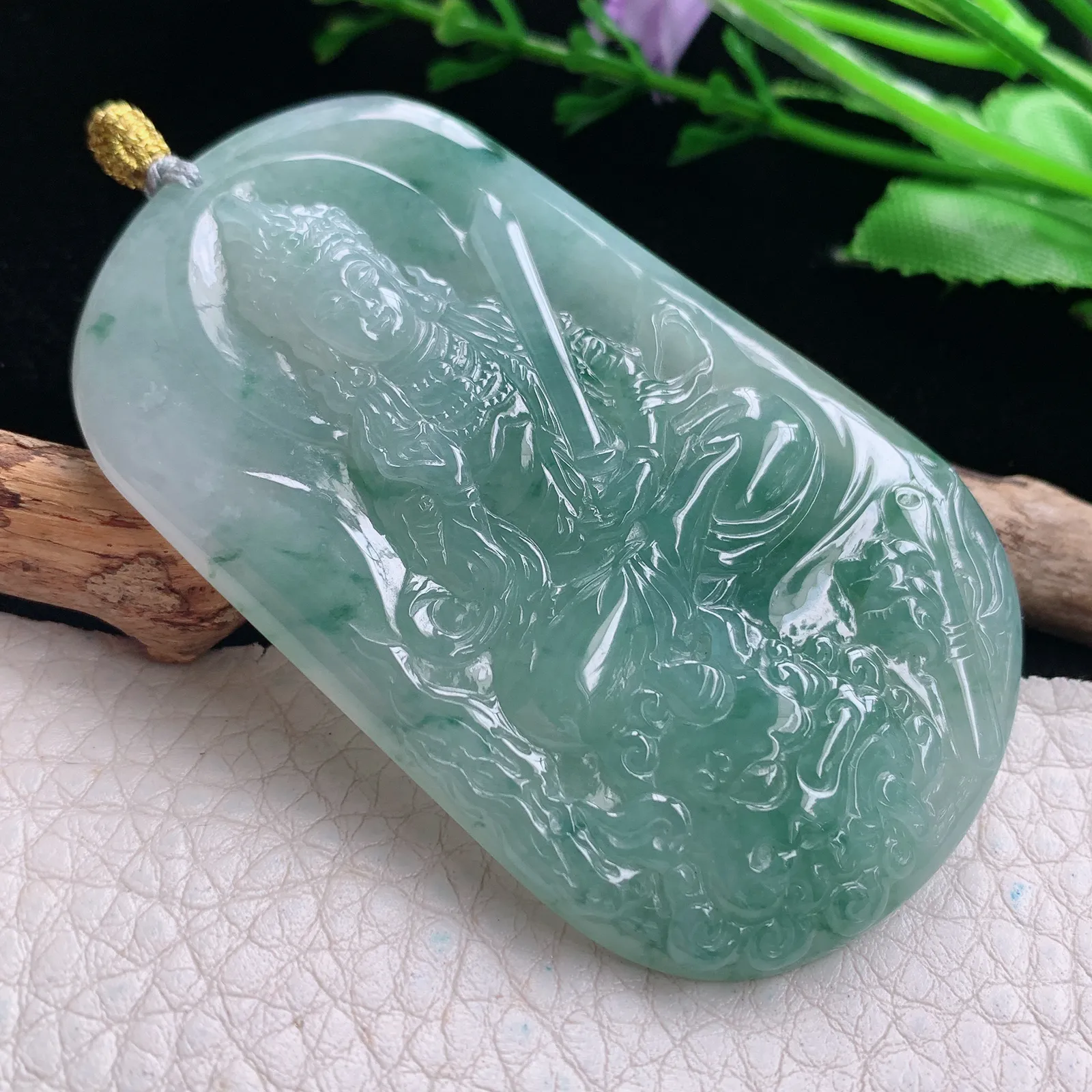 rp实拍63.7*38.8*5.8缅甸翡翠精雕文殊菩萨 生肖守护神玉吊坠 玉挂坠