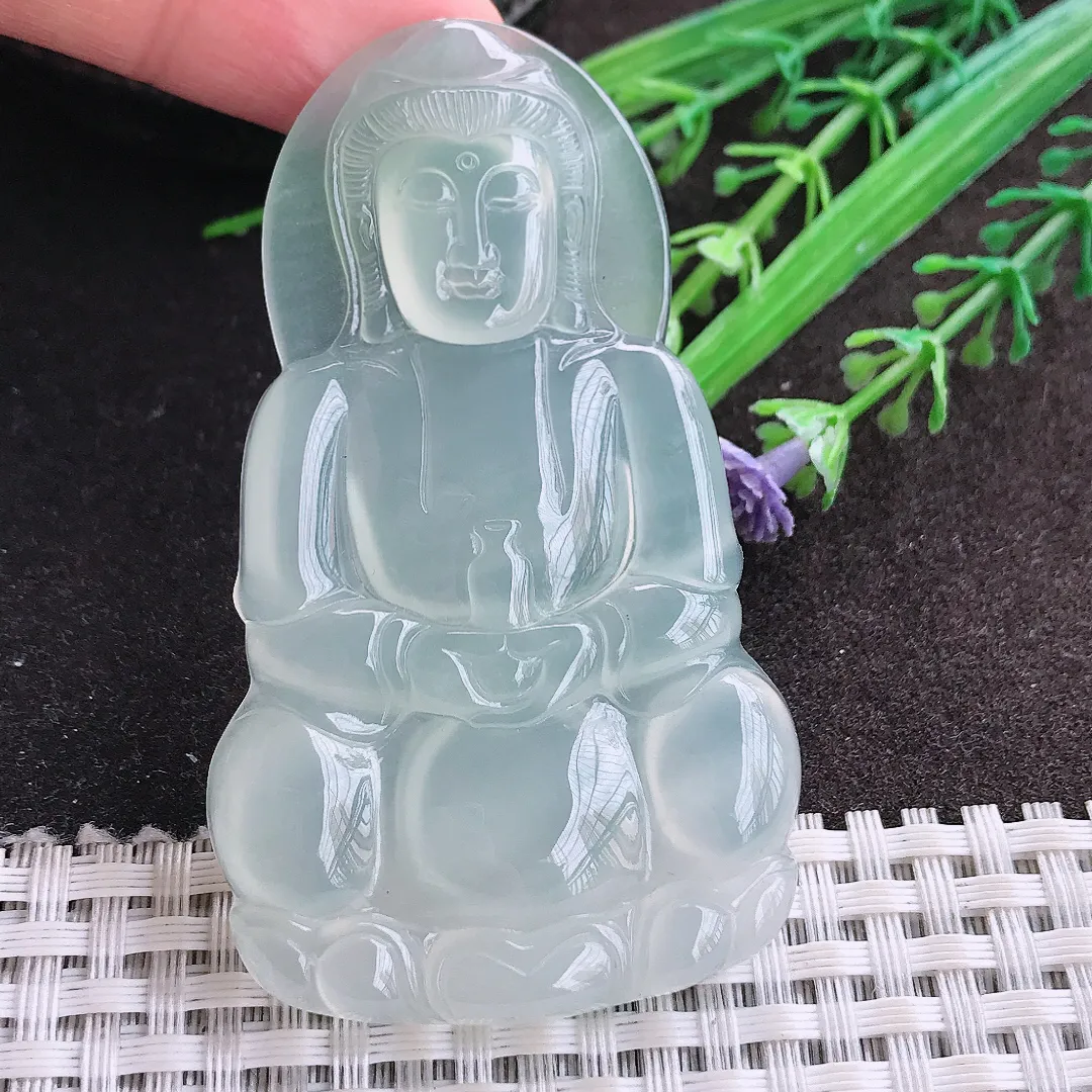 实拍A货翡翠67.8/40.5/5.8老坑冰种果冻胶冰晴大观音吊坠翡翠玉观音挂件