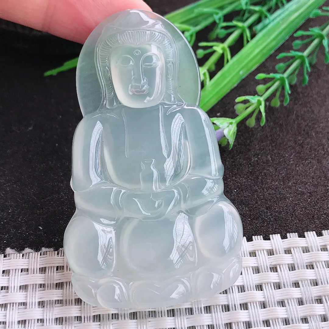 实拍A货翡翠67.8/40.5/5.8老坑冰种果冻胶冰晴大观音吊坠翡翠玉观音挂件