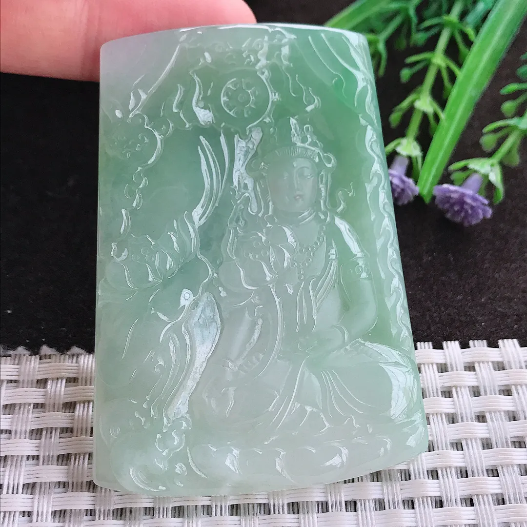 实拍A货翡翠66/48.3/5.3老坑冰润起胶冰晴绿赐福观音吊坠翡翠玉牌挂件