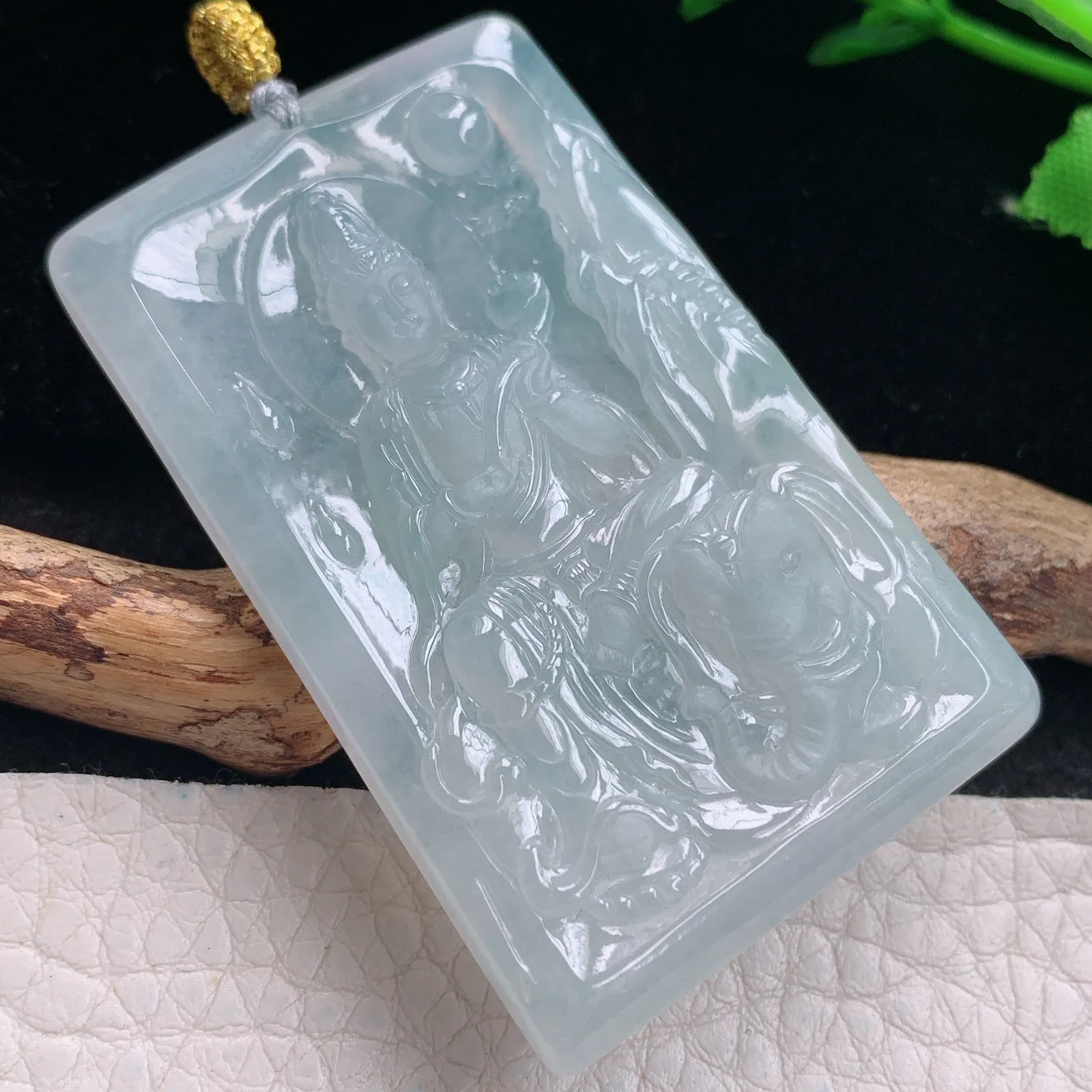 rp实拍52.8*34*5.2缅甸翡翠精雕冰晴普贤菩萨 生肖守护神玉吊坠 玉挂坠